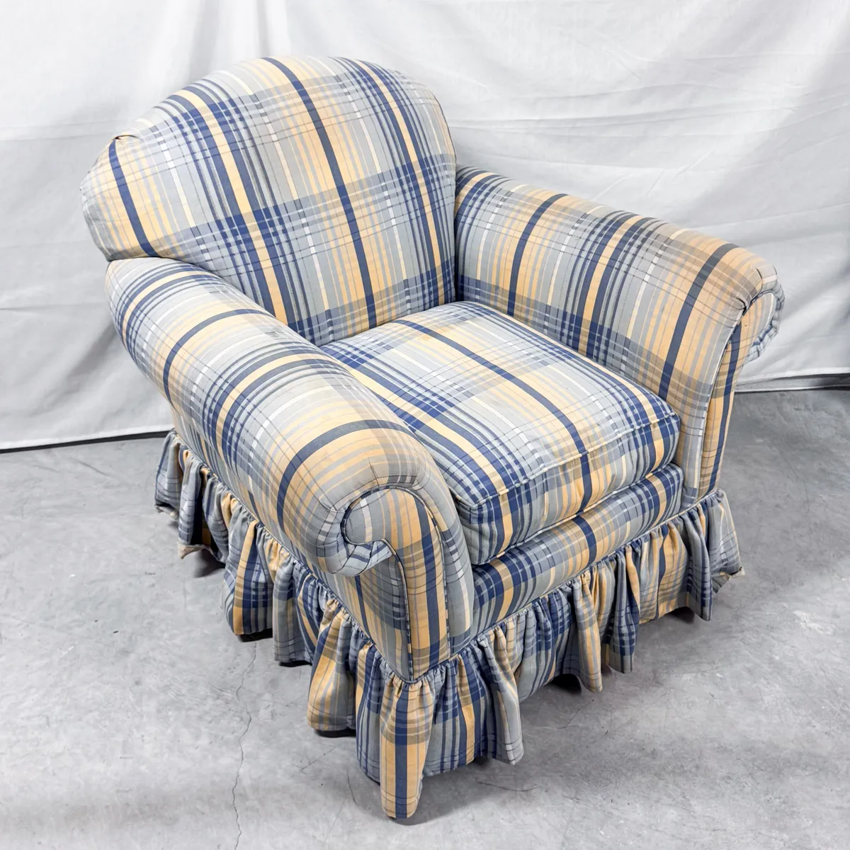 Blue and Yellow Plaid Oversized Arm Chair 90s chair