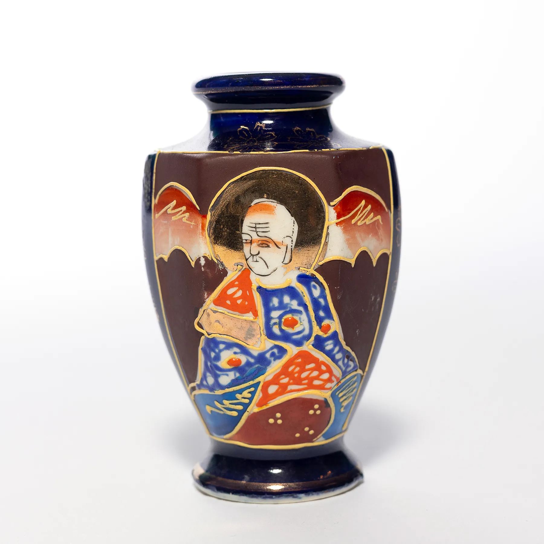 Hand Painted Japanese Oriental Vase Shiny Blue with painted Asian Characters - 3.5" x 2"