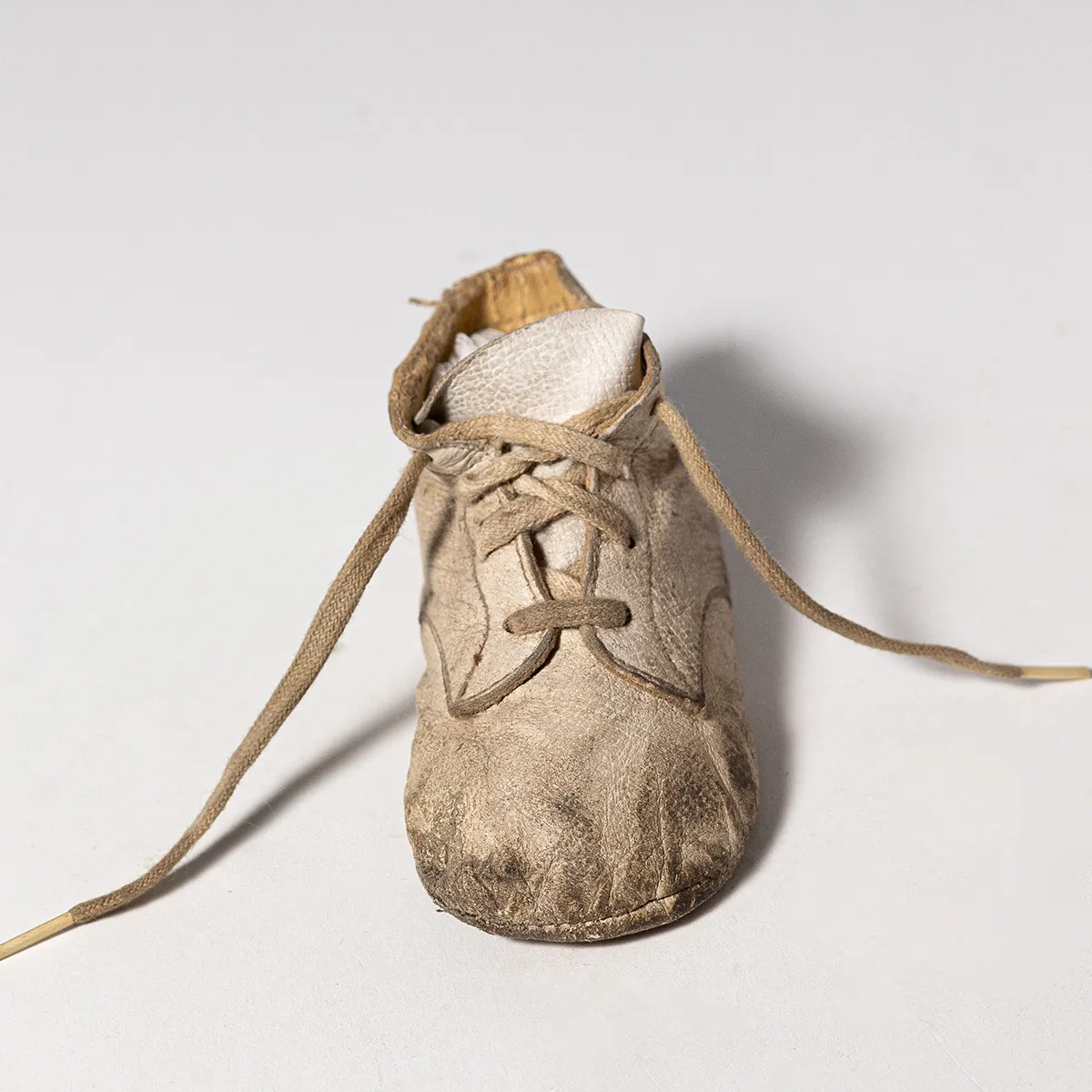 Child's Commemorative White Leather Shoe stuffed with cotton with loose shoes laces, Baby Shoe