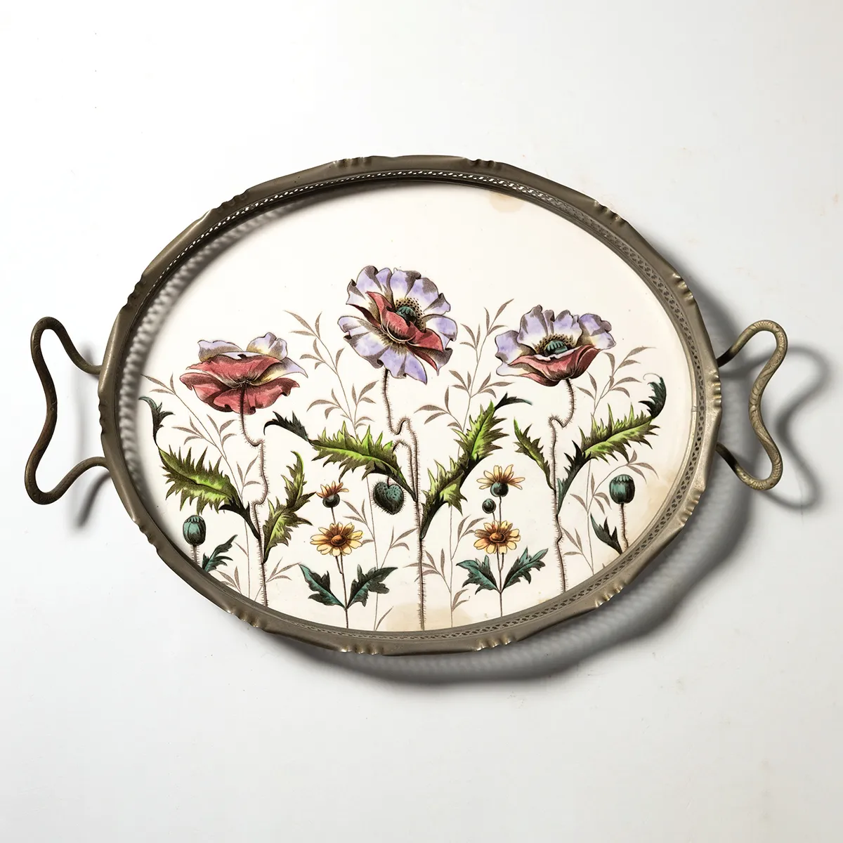 Tray Antique Metal Frame with Heart Shaped Handles with Hand Painted Abstract Purple Poppies Earthenware France