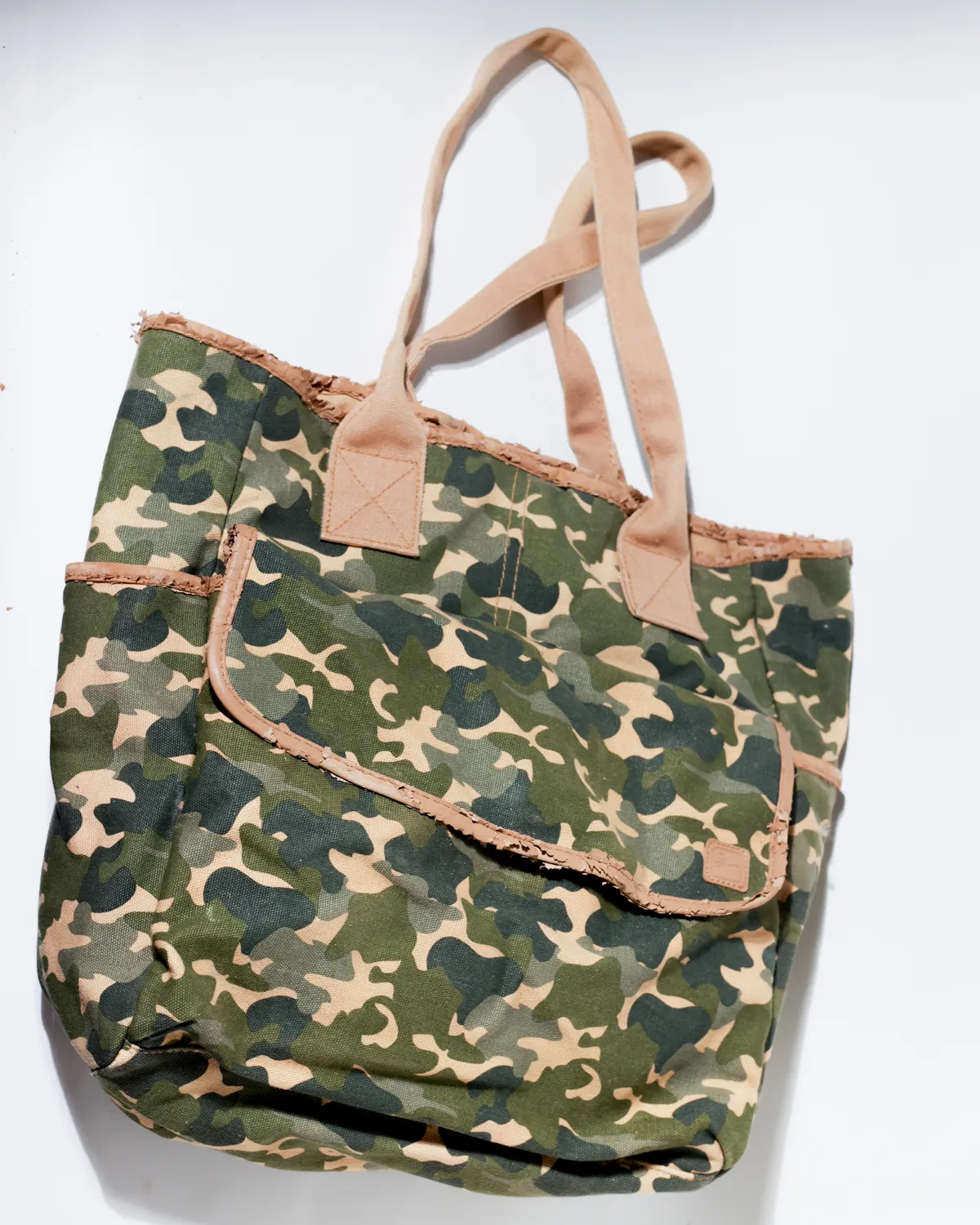 Woodland Camo Canvas Military Tote Leather Trim