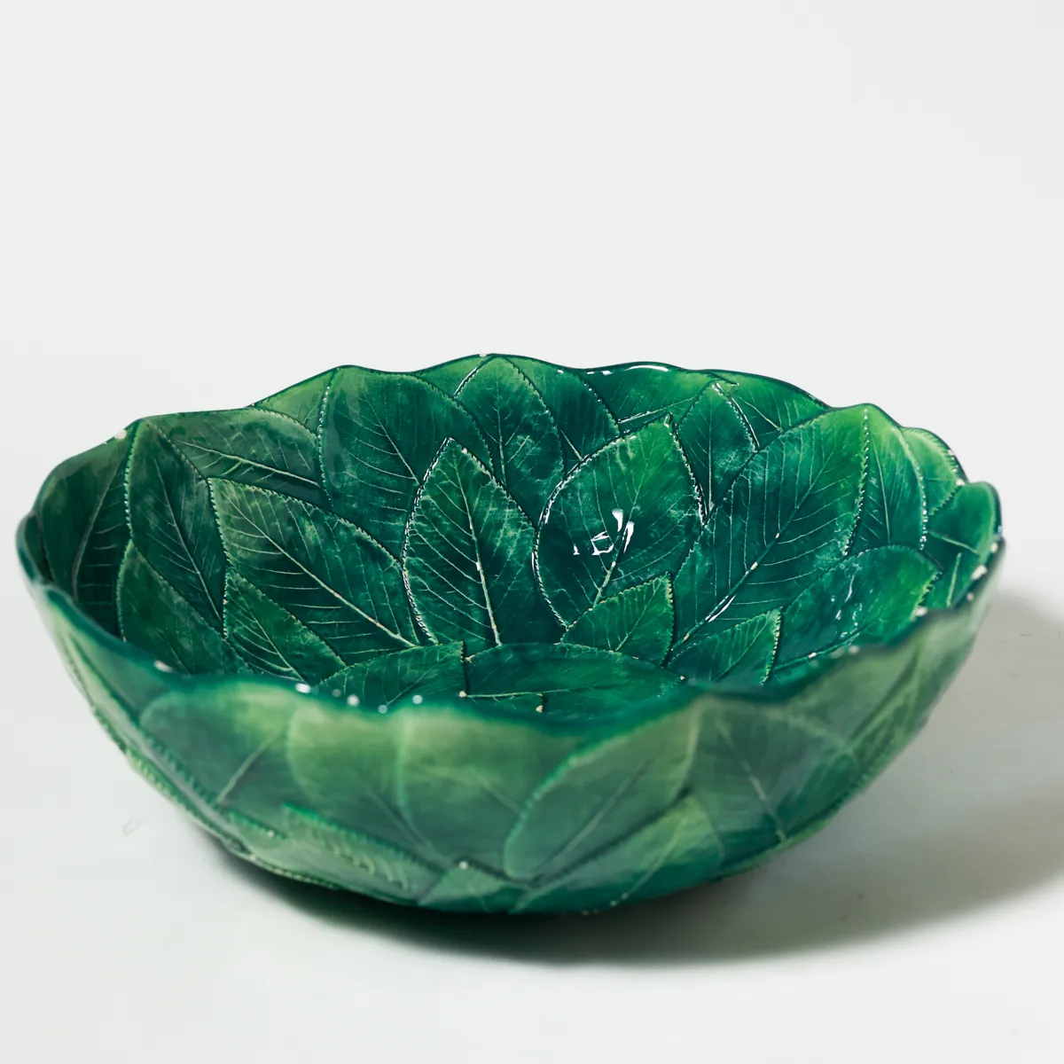Green Majolica Leaf Glazed Ceramic Botanical Salad Bowl
