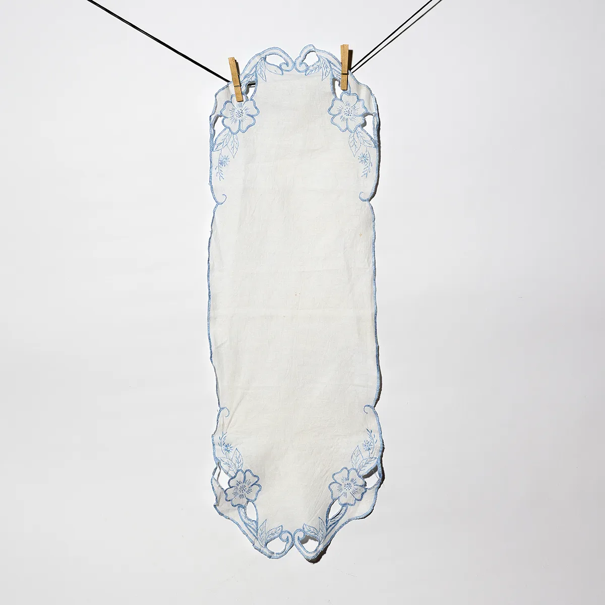 Kitchen Soft Goods:  Hand Embroidered blue thread flowers and leaves on white cotton, peep holes, table runner, dresser top - 17" x 11"