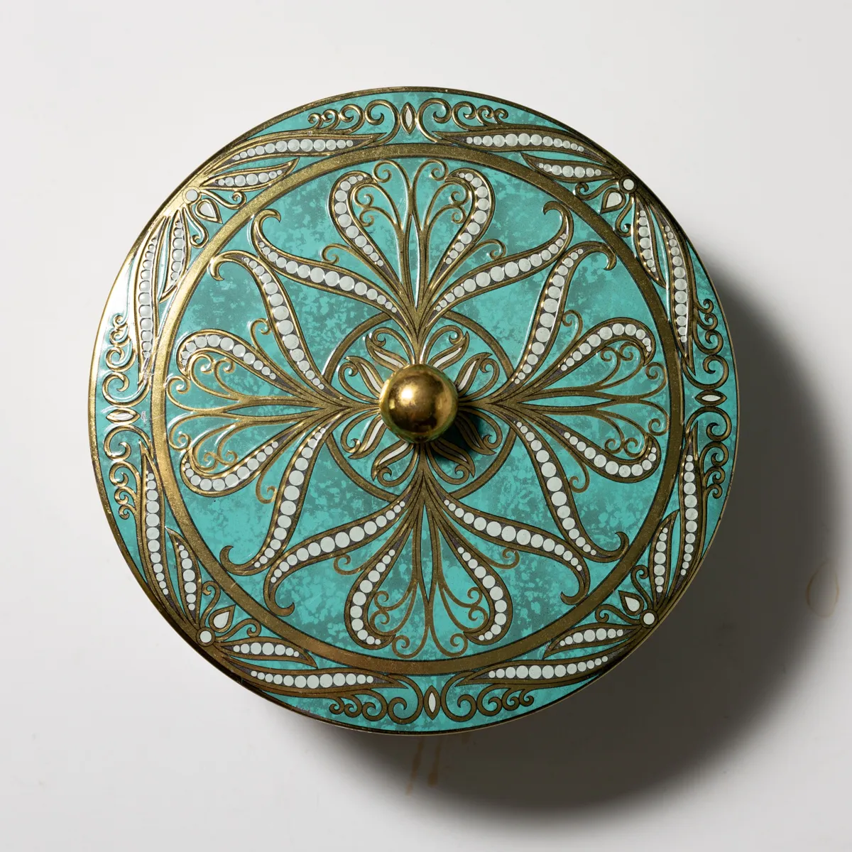 Vintage Tiffany Blue cookie tin with Ornate Gold Detailing and pearl