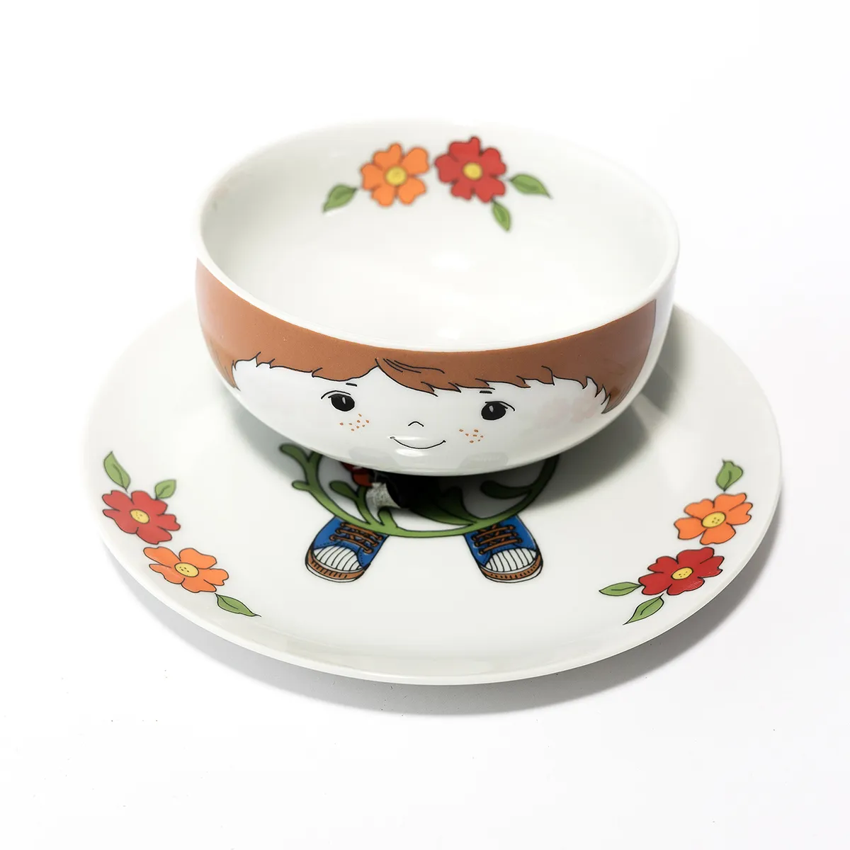 Children's Kids 2 piece dinner place setting Plate and Bowl Boy Red, Green, Orange - 7.25" 5" x 2.25"