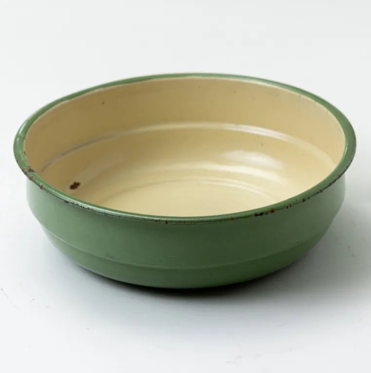 Vintage Rustic Weathered Green and Cream Enamelware Bowl