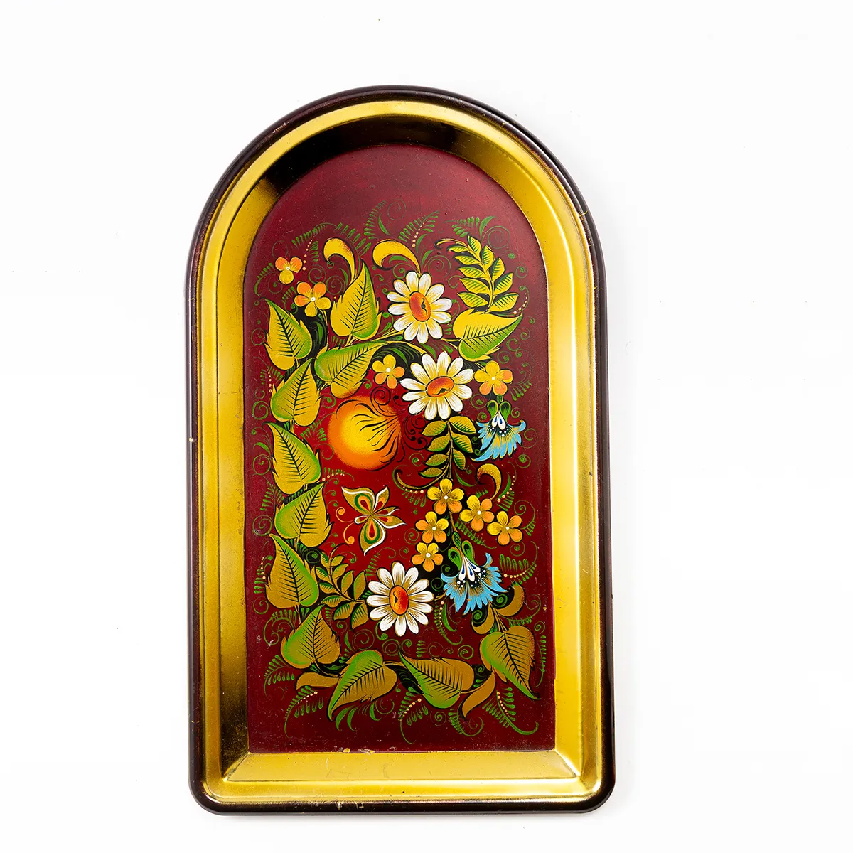 Vintage Russian Hand Painted Tole Serving Tray Iridescent Floral Design Rectangle with a rounded top Brass