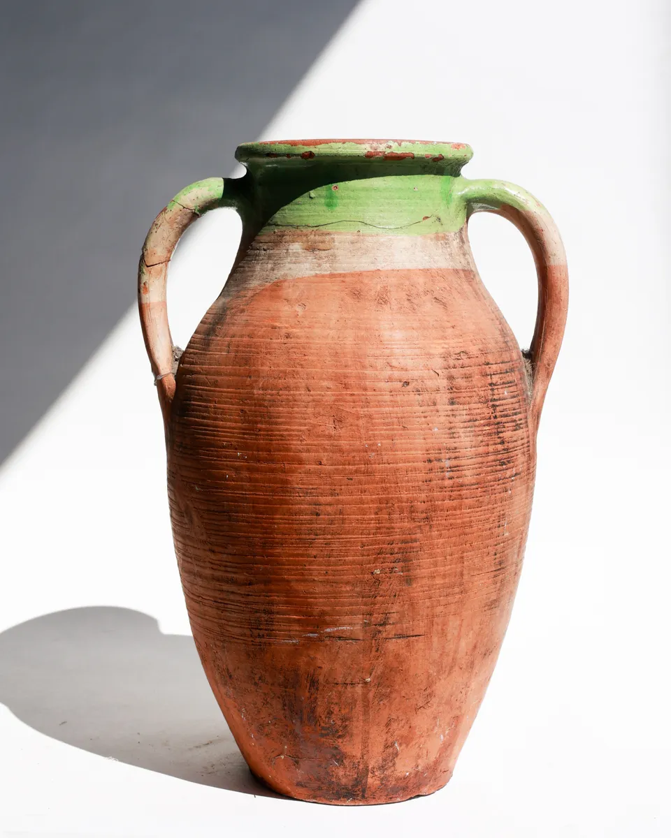 Vintage Turkish Terracotta Olive Jar Green Glazed Antique Handle Pot