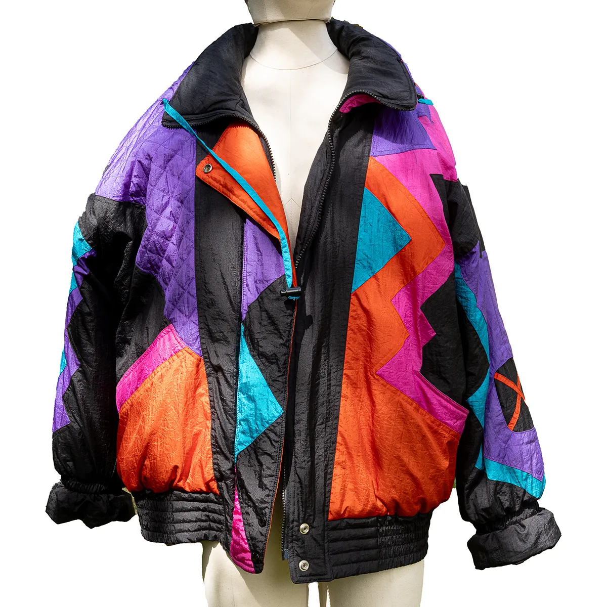 Vintage IZZI Puffy 90s Winter Coat Colorblock Geometric Zig Zag Ski Jacket L XL
