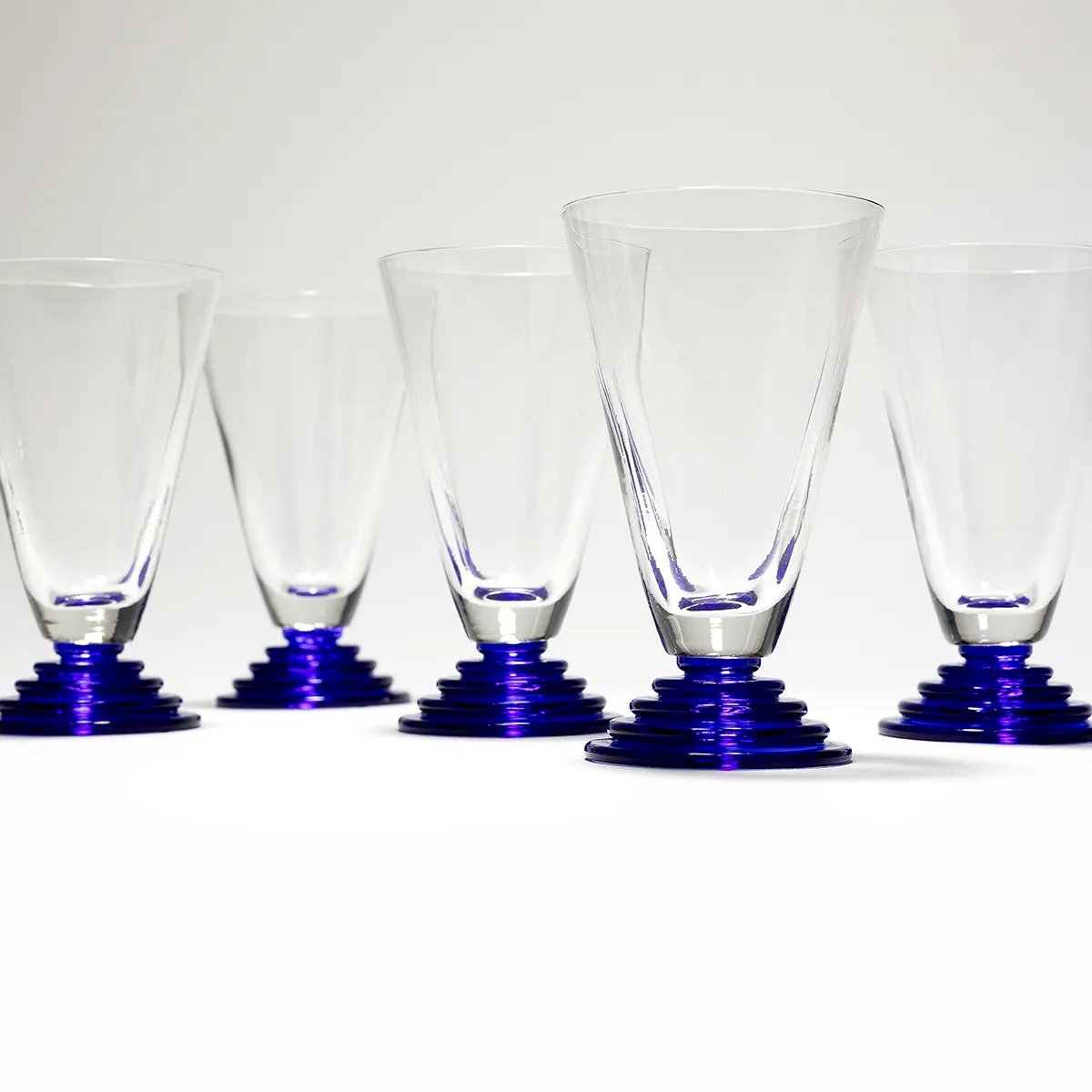 Art Deco - Cristal Clear Glass cone Shaped Cordial with Cobalt Blue stepped Art Deco Base 