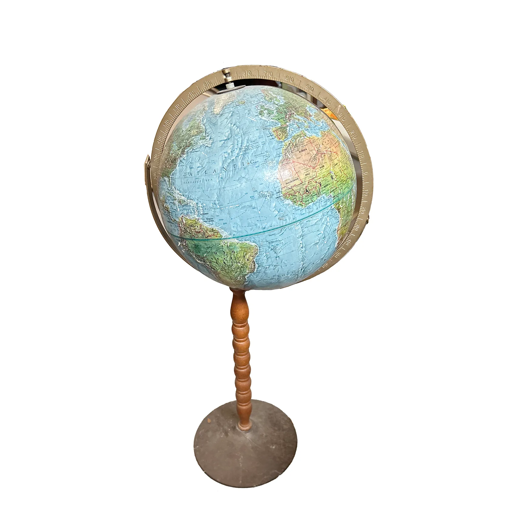 Vintage Replogle Standing Floor World Globe - Double Axis - Raised Relief - Maple Stand - Metal Base - MCM Library Decor