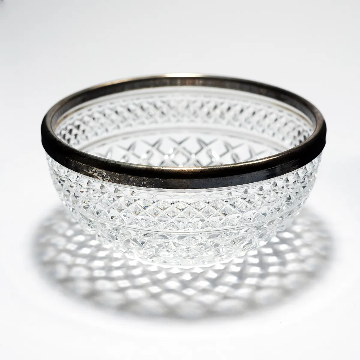 Vintage Hand Blown Etched / pressed Glass Serving Bowl with Silver Plate Rim