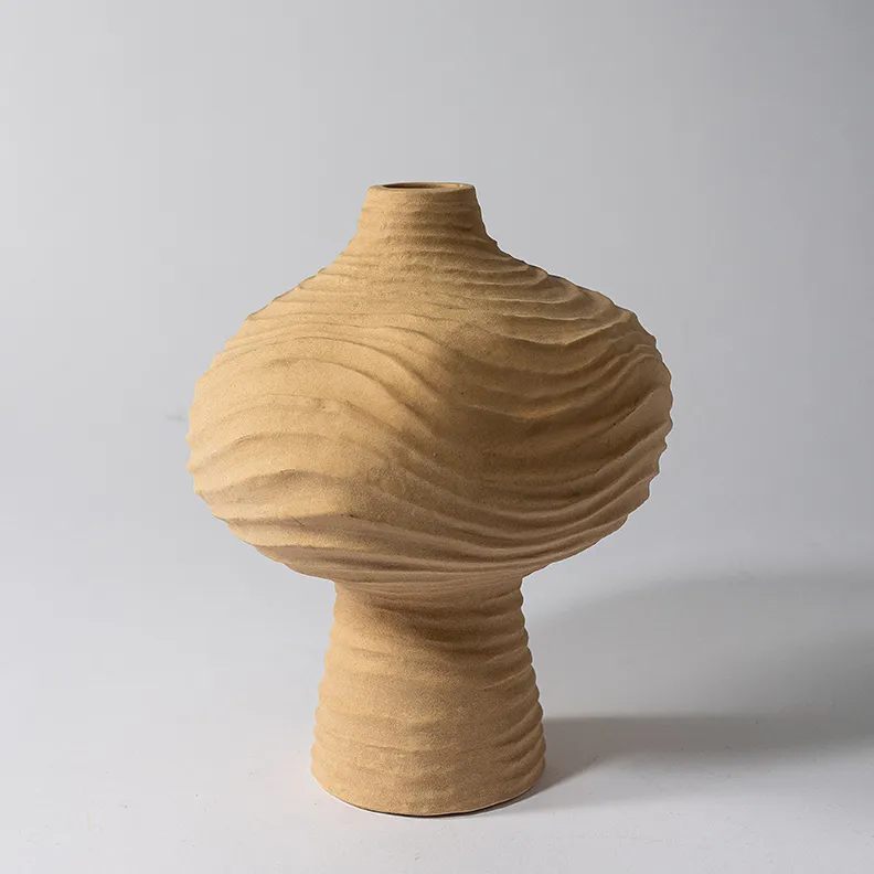 Natural Clay Wavy Lines Footed Vase - 9" x 7.5"