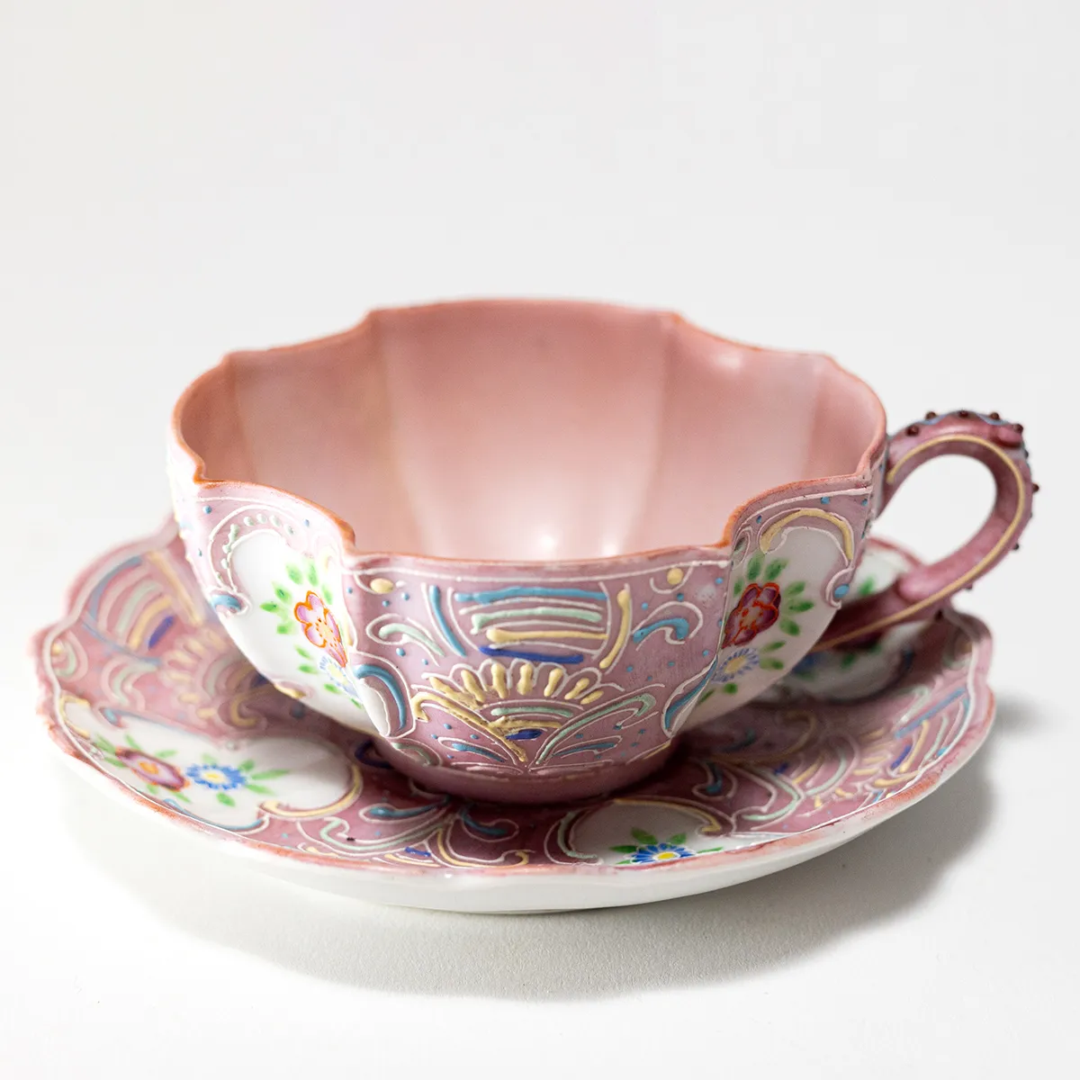 Vintage Pink Hand Painted Ardalt Japan Tea Cup & Saucer Unique Shape Squared