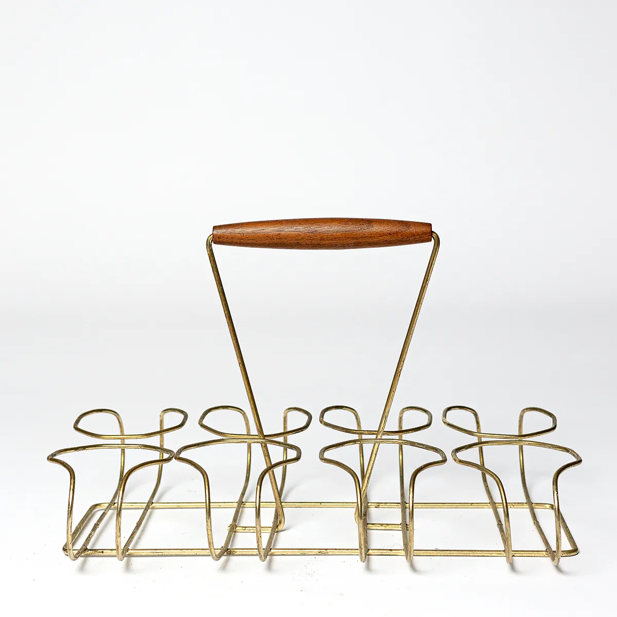 Barware: Mid Century Modern MCM Gold Wire Bar Caddy with Wood Handle, Hold 8 Glasses - 13" x 8" 