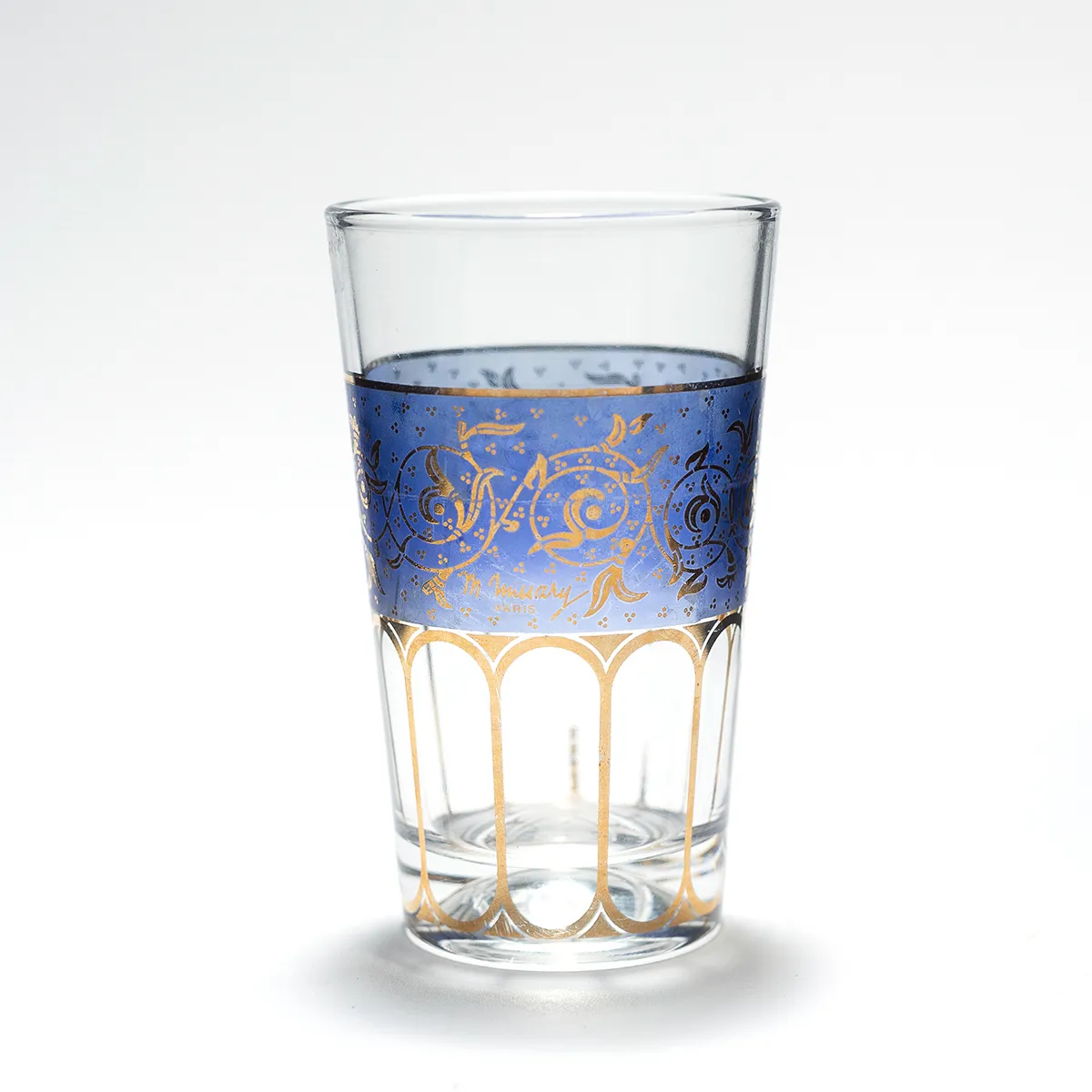 Clear Glass Juice Tumblers with blue and gold details - 4.75" x 2.25"