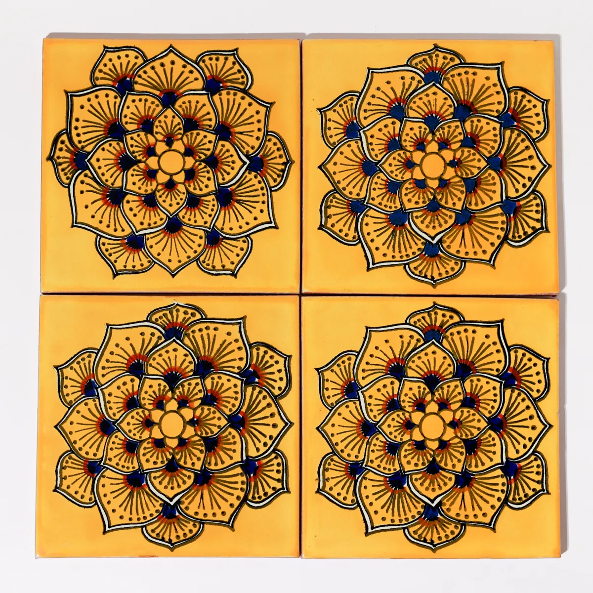 Hand-Painted Mexican Talavera Floral Mandala Ceramic Tiles