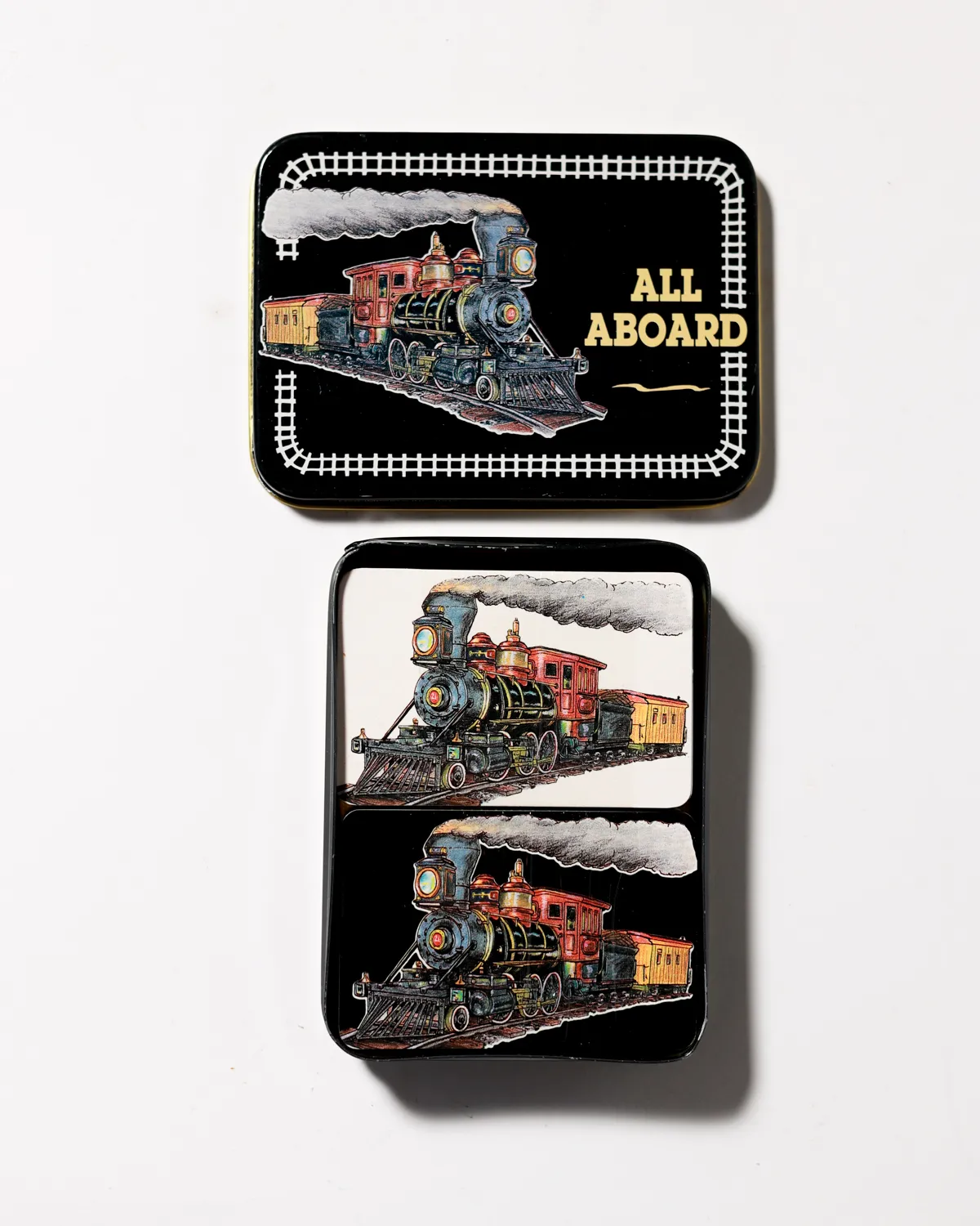Vintage Railroad Tin Set Black Locomotive Americana, cards