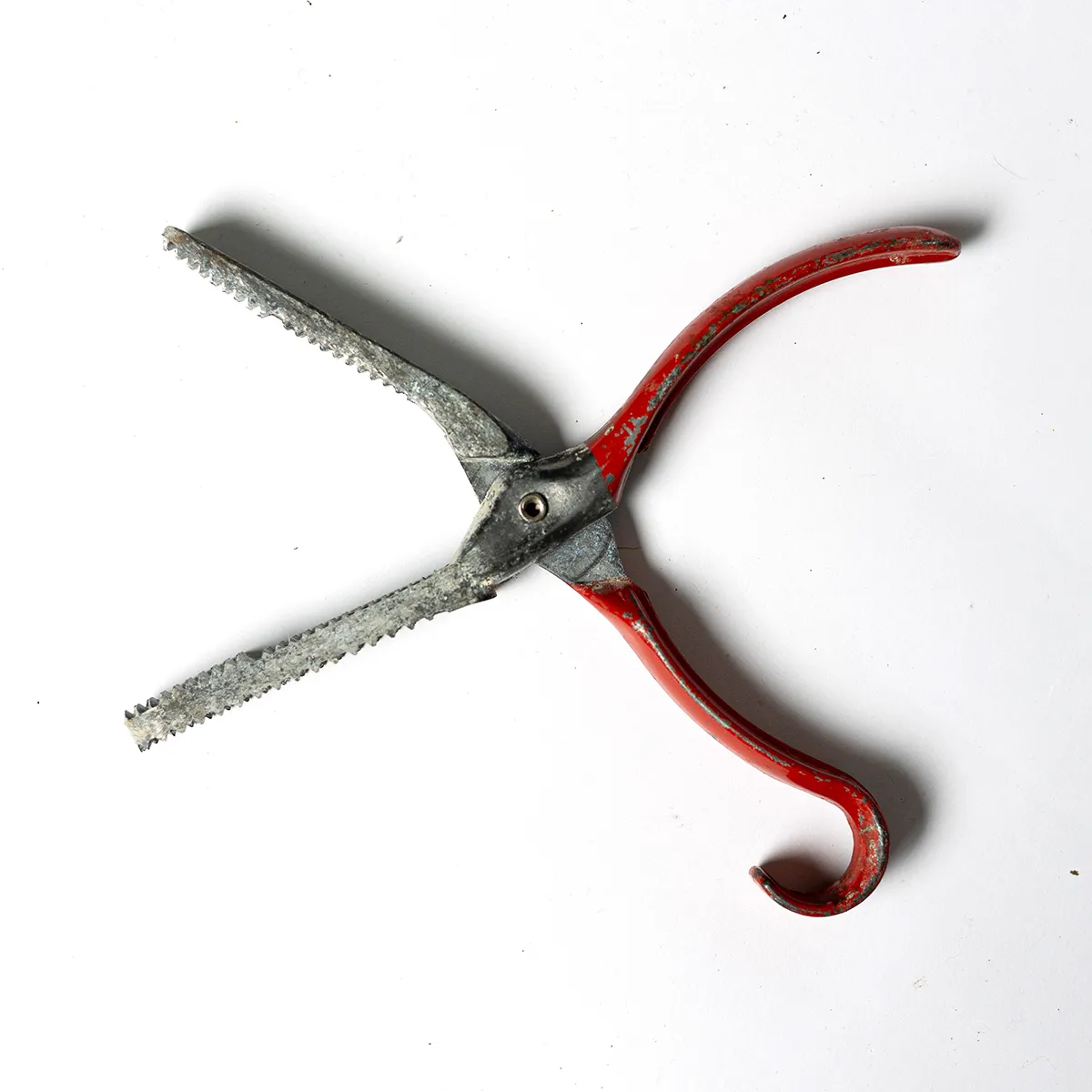 Garage Tool: Metal Fish Gripper Red Handled Patina, Vintage - 8.5" x 2.5"