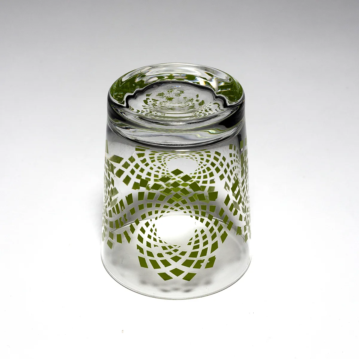 Juice Glass Clear with Olive Green Geometric Circle Design Single - 3.75: x 3"