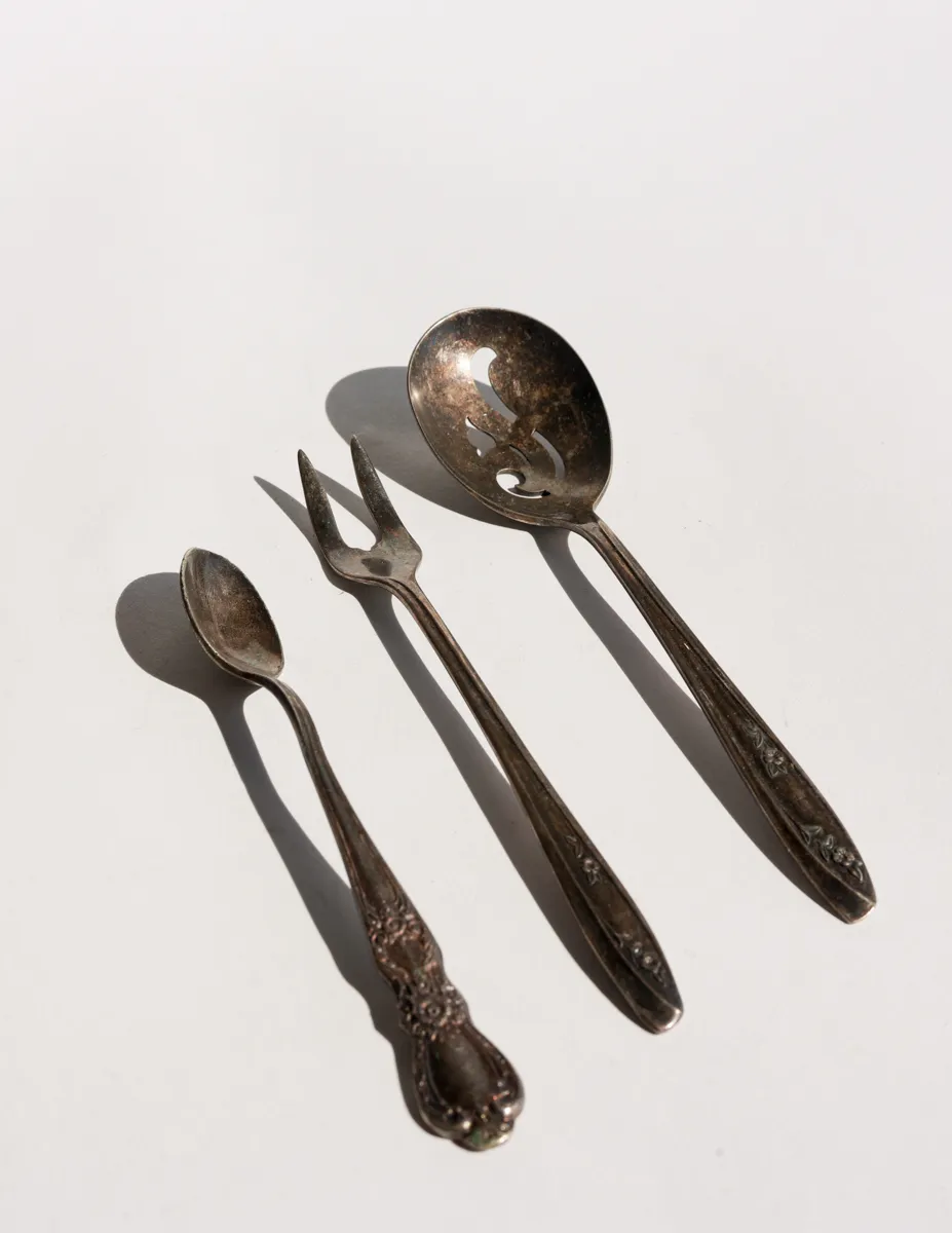 Vintage Silverplate Hors D'oeuvres Servers, 2 spoons and a fork. Tarnished, Patina
