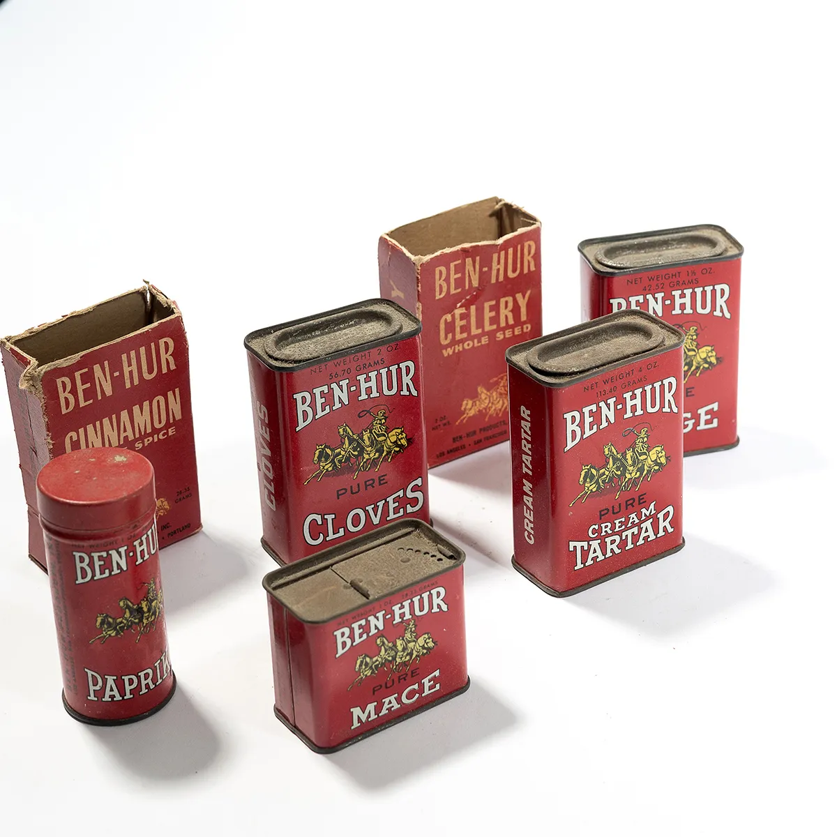 Red Ben Hur Metal Spice container Mace, Paprika, Cloves, Sage, Cream of Tarter - 3.25"