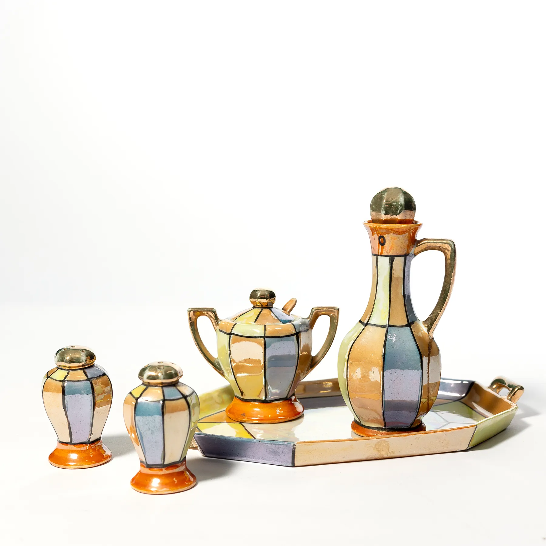 Colorful Hand Painted Lusterware Condiment Tray with oil pitcher, salt and pepper, sugar. Nippon