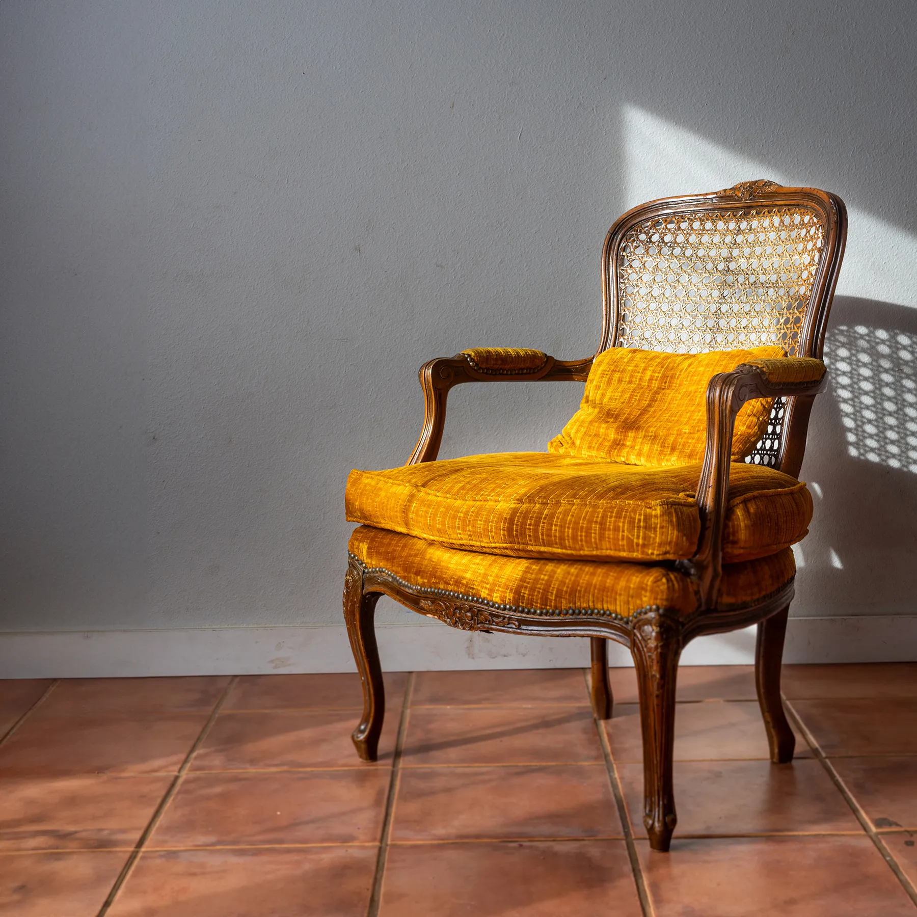 Furniture Chair: Vintage Ratan Cane Wicker Chair with Gold Corduroy Cushion - 