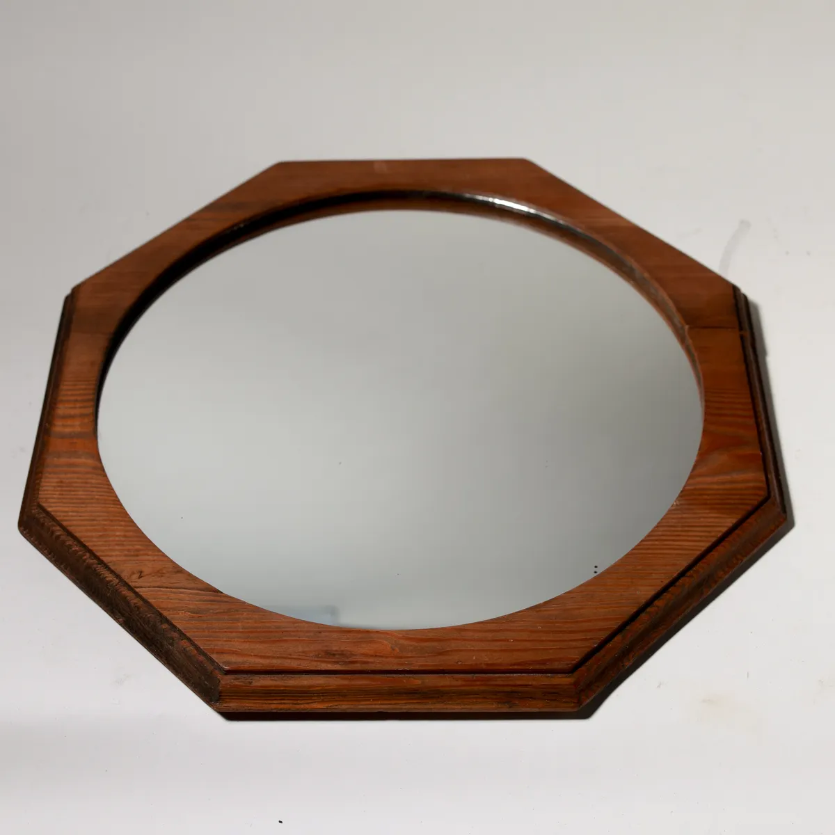Mid-Century Octagonal Walnut Wood Framed Round Mirror