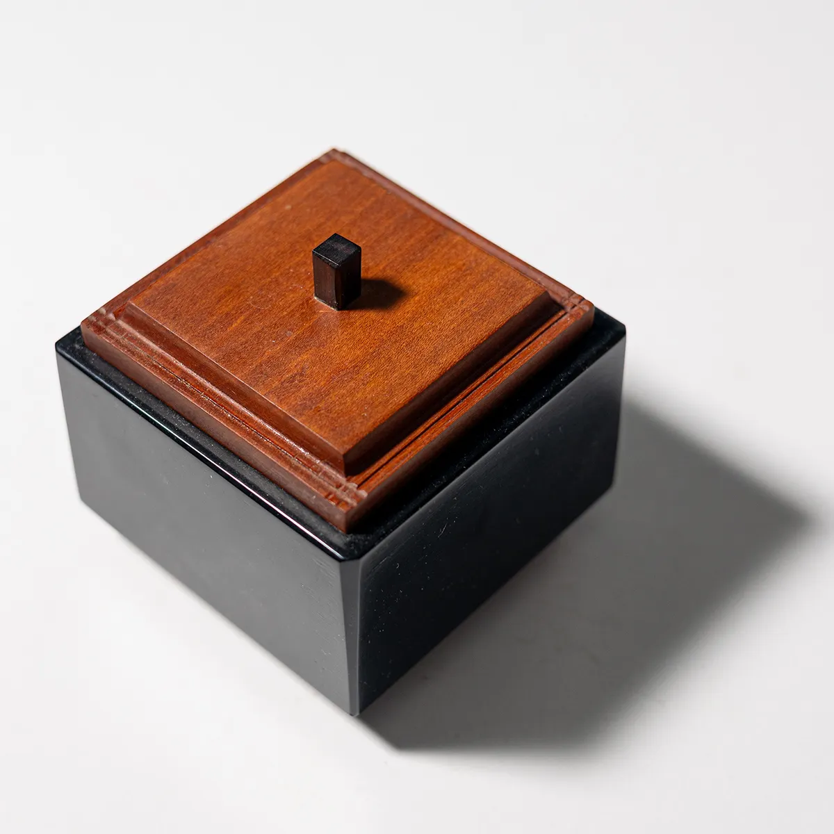 Small, Square, Lidded Black Lacquered Box, with a Caramel Brown Stained Lid