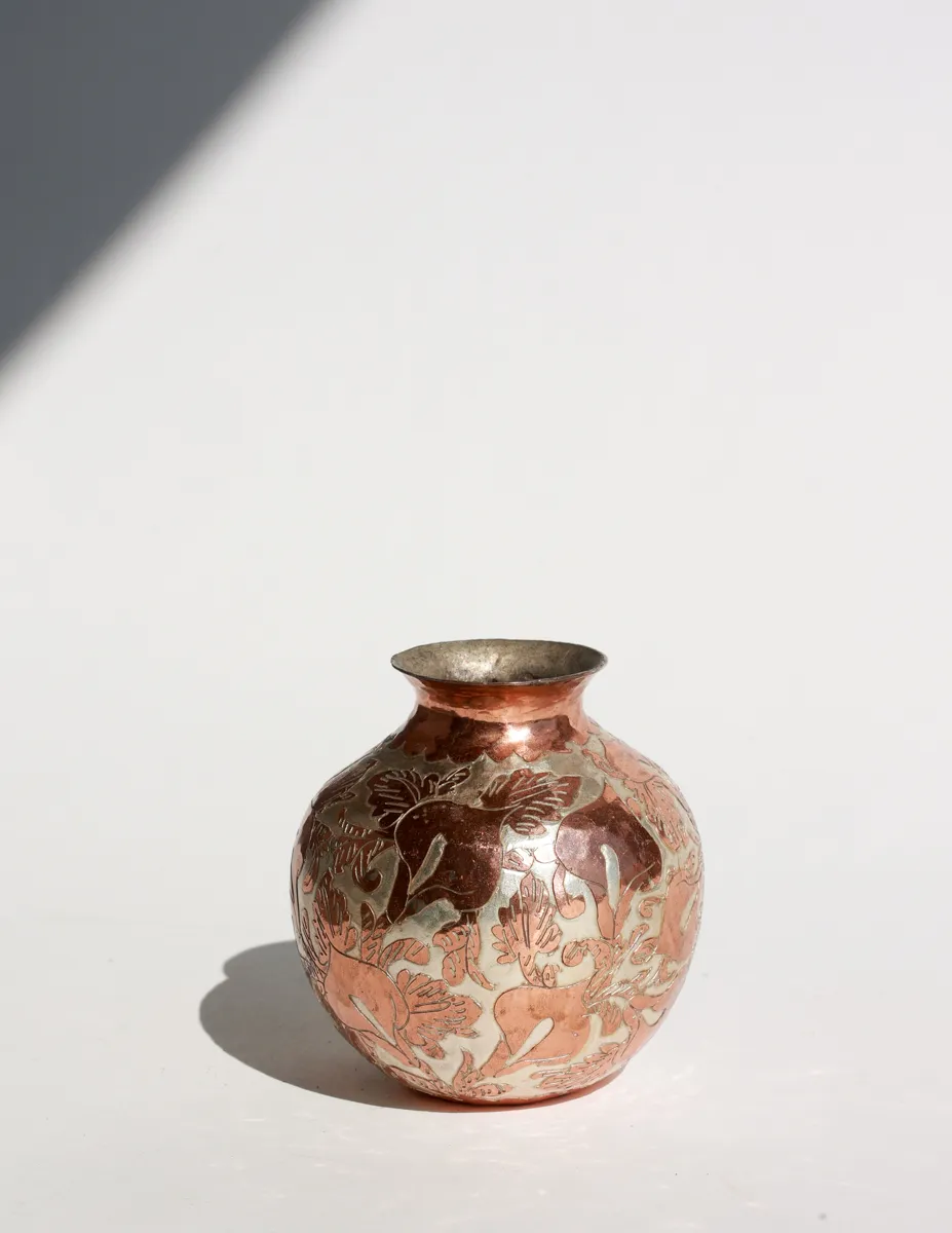 Vintage Mexico Hammed Copper and Silver Etched Leaf Pattern Vase small