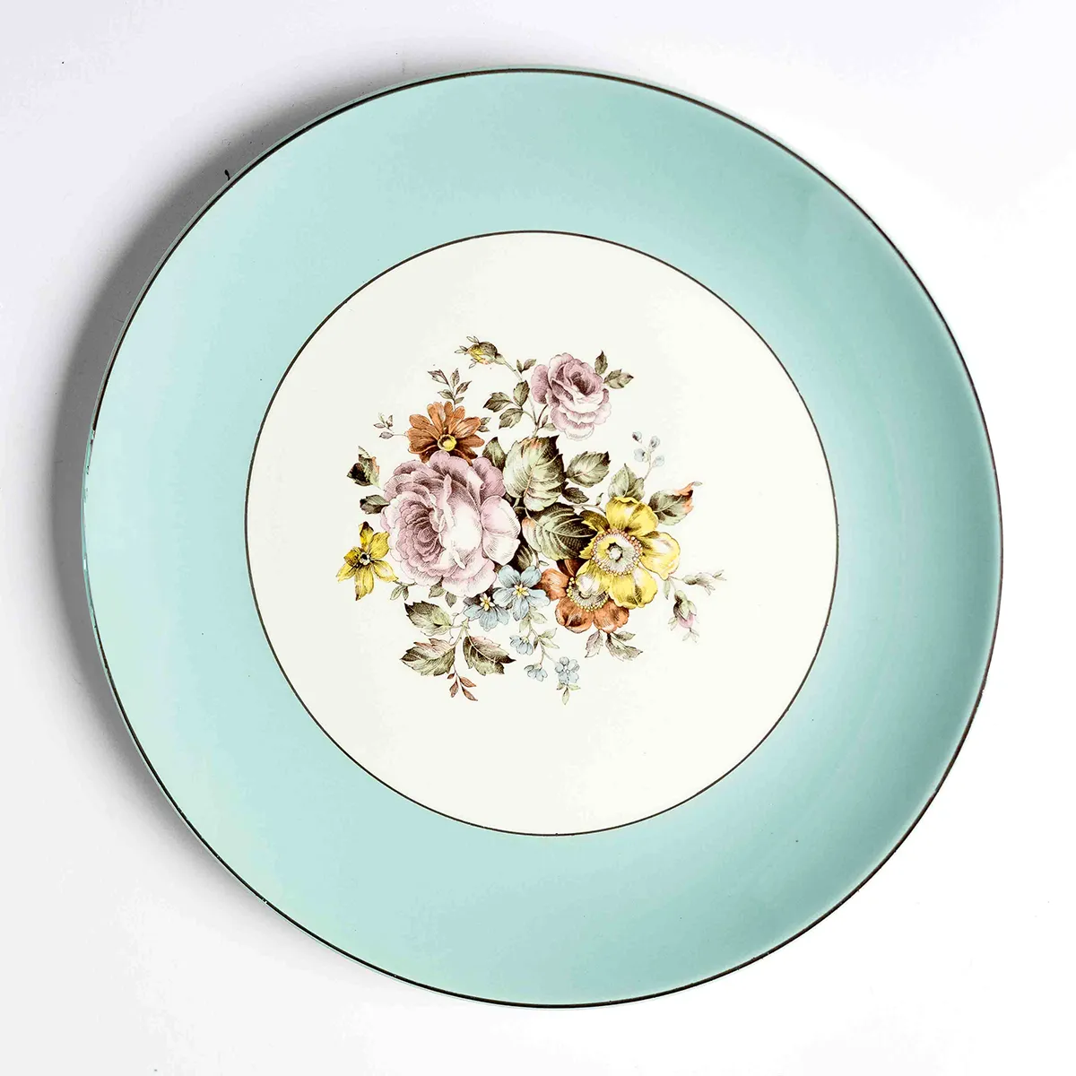 Fine China: Dinner Plate - Sketched Pink, Yellow and Green Flower Pattern in the Middle on Off White With a Wide Tiffany Blue Robins Eggs Blue Band Around the Outside - 10.25" 