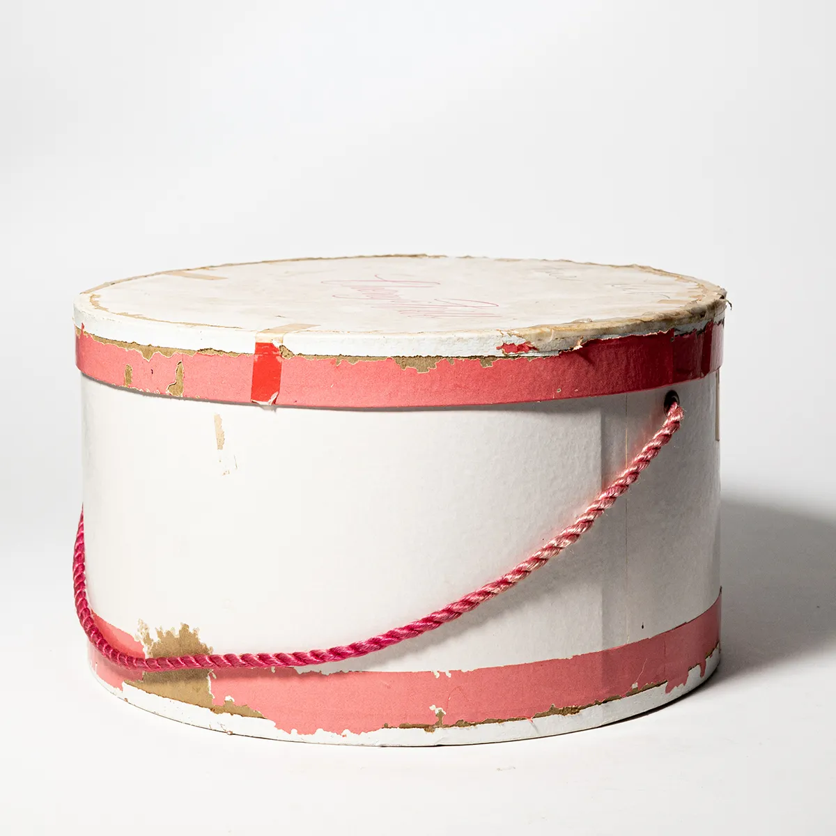 Vintage White Hat Box with Pink Stripe from Cherry well, Forgotten Closet Attic piece
