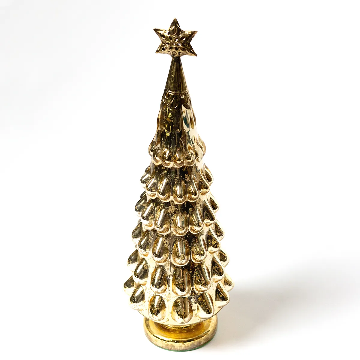 Gold Mercury Glass Christmas Tree Decor with Pewter Star at the top. `