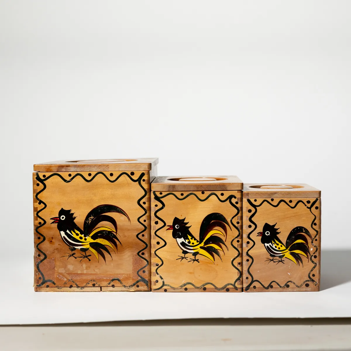 MCM Mid Century Modern Wood Kitchen Cannisters With Black and Yellow Rooster ainted on the front, Flour Sugar, Coffee, Mexico, Culteral Set of 4