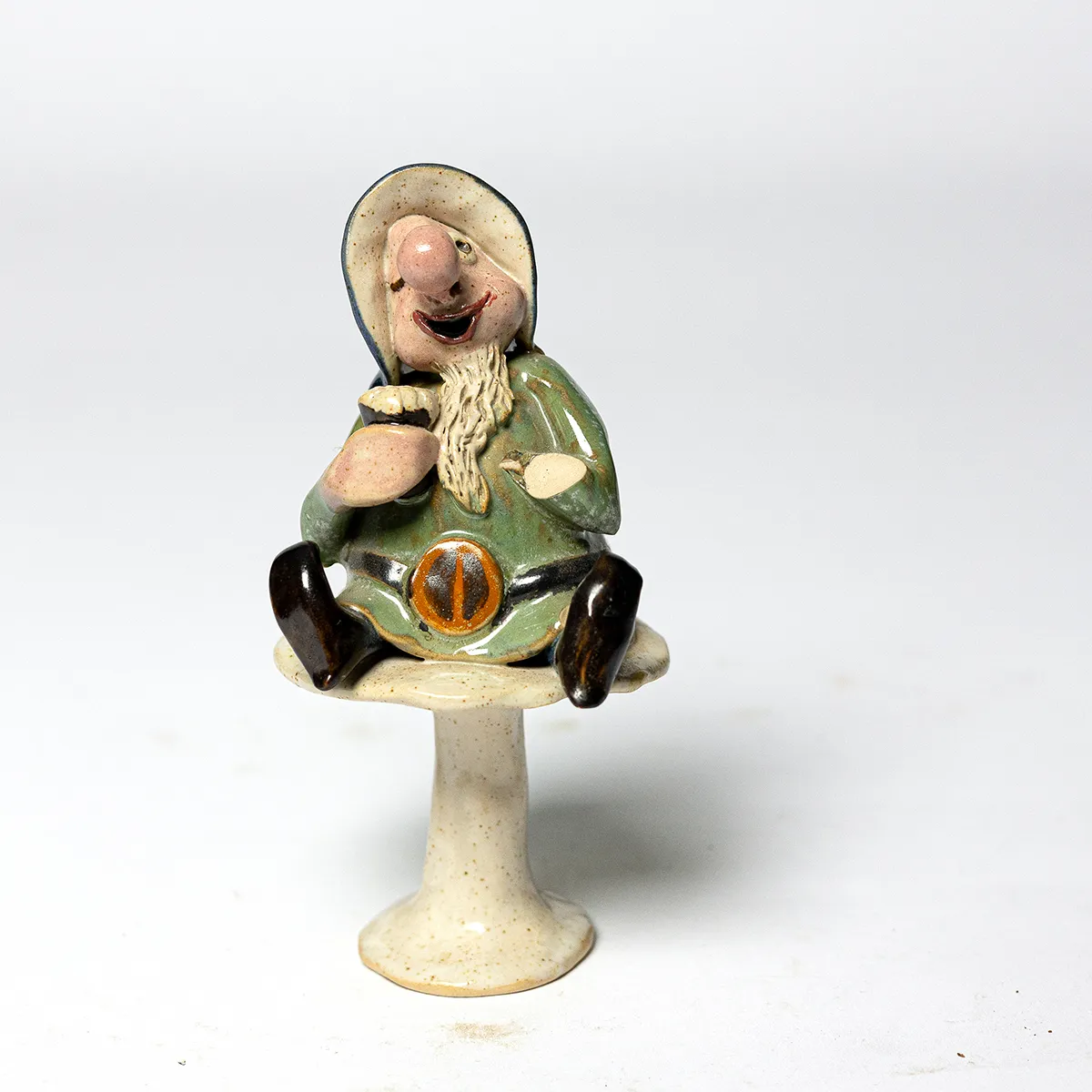 Richard Ferris, Orchard Pottery, Free Standing Gnome on a mushroom
