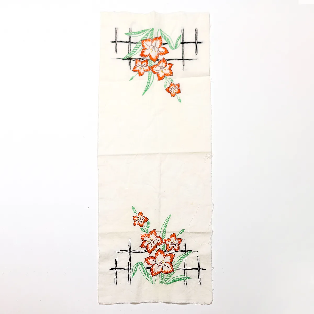 Vintage Hand Embroidered Table Runner or Dresser Scarf, Rectangular, Cotton, Unfinished Edging, Hand embroidered, Floral Decor, Linens