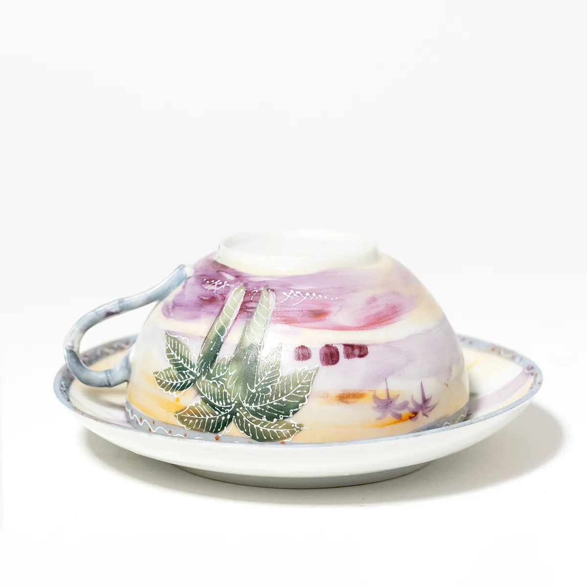 Vintage Tea Cup & Saucer Purple and Green sunset and palm tree.