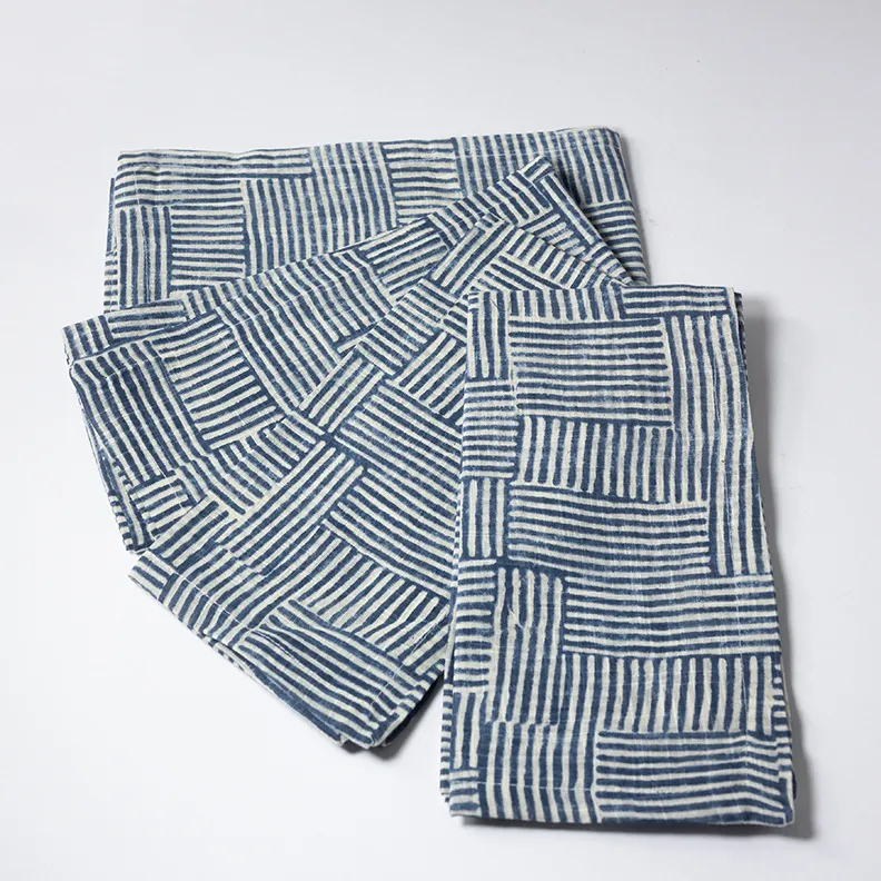 Set Blue and White Linen Napkins lined design - 20" x 20"