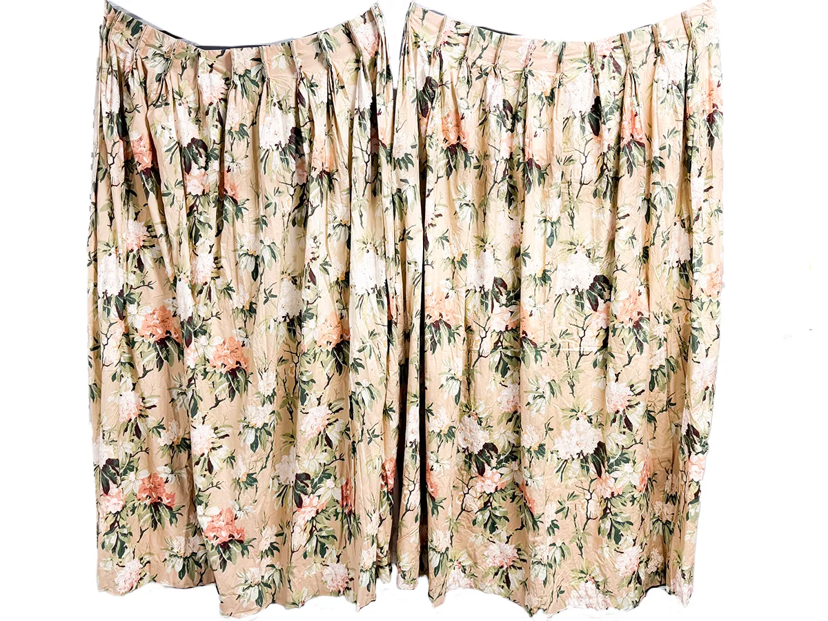 Curtain: Mauve with Busy White and Peach Colored Flowers Plenty of Greenery and Brown Branches Vintage