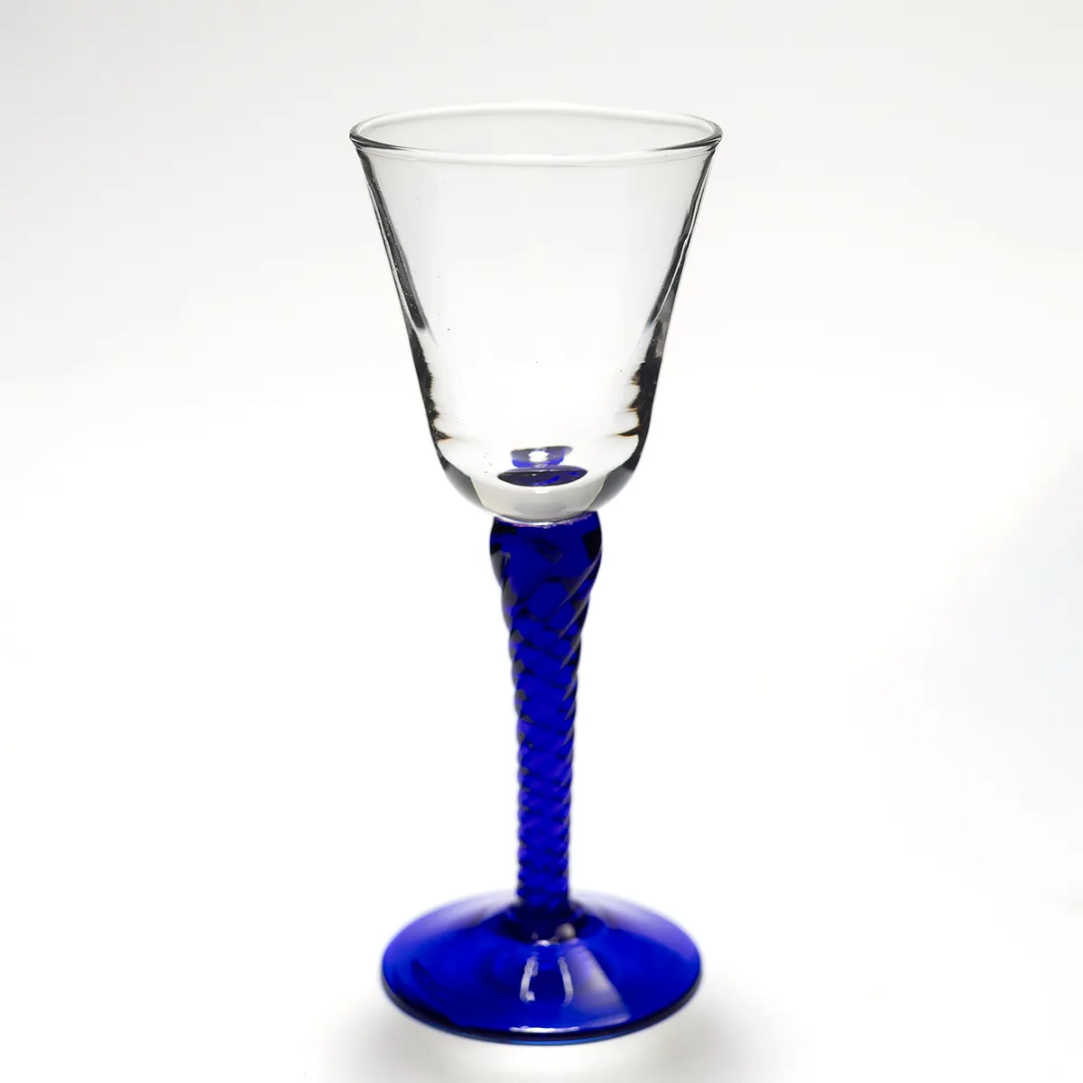 Vintage Clear and cobalt Blue cordial glasses bell shaped bowl - 5" x 2"