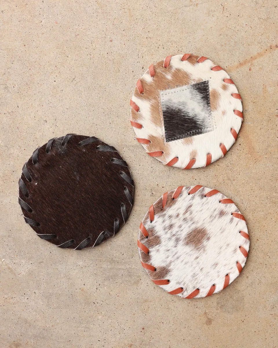 Natural Colored Cowhide Leather Laced Round Coaster