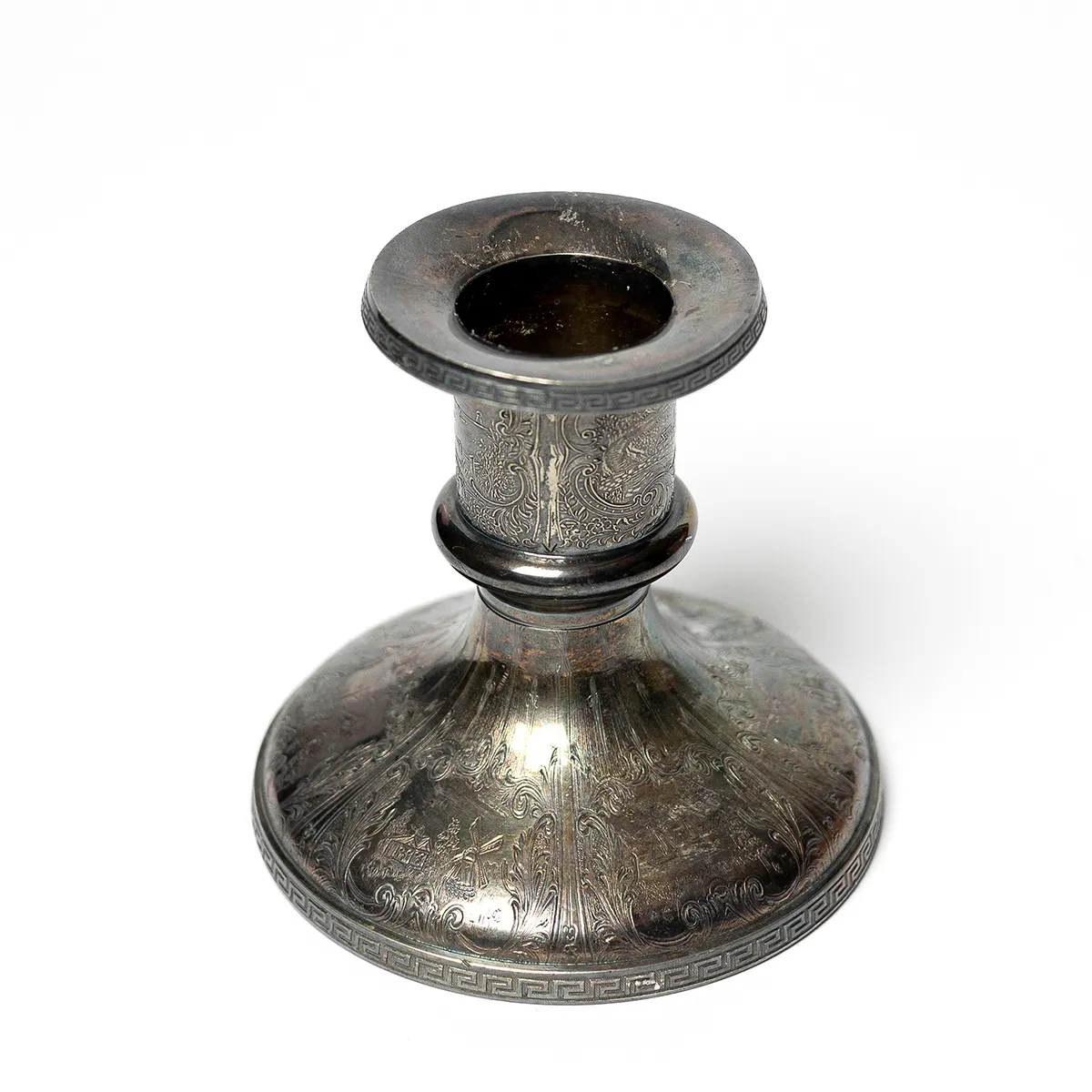 Ornate Antique Hartford Sterling Candlestick 6007 Embossed Sailboats Windmill Church. Egyptian Style Border