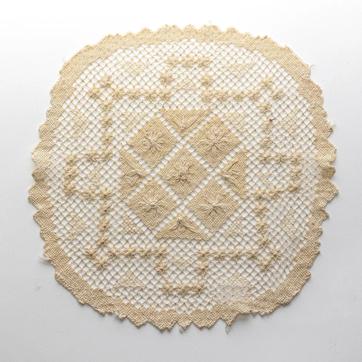 Vintage Handmade Lace Cream Ecru colored Square with Rounded Corners Doily looks vaguely patriotic with stars and outlines