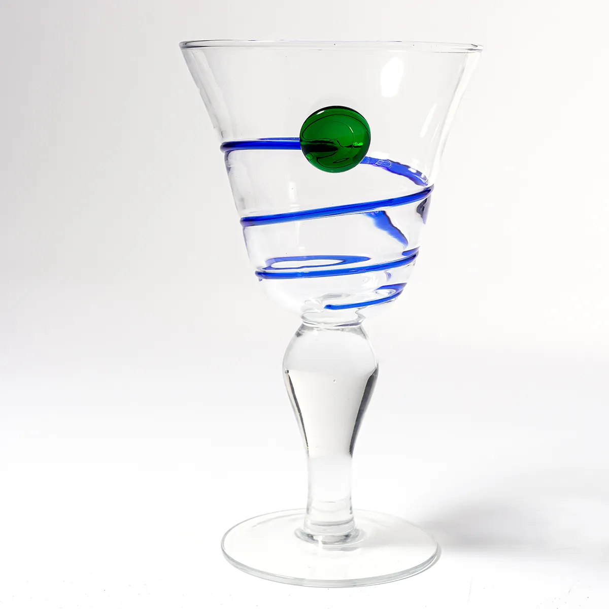 Hand Blown Mexican Glasses 80s Blue swirl with Green Glass Dot - 8" x 4.5"