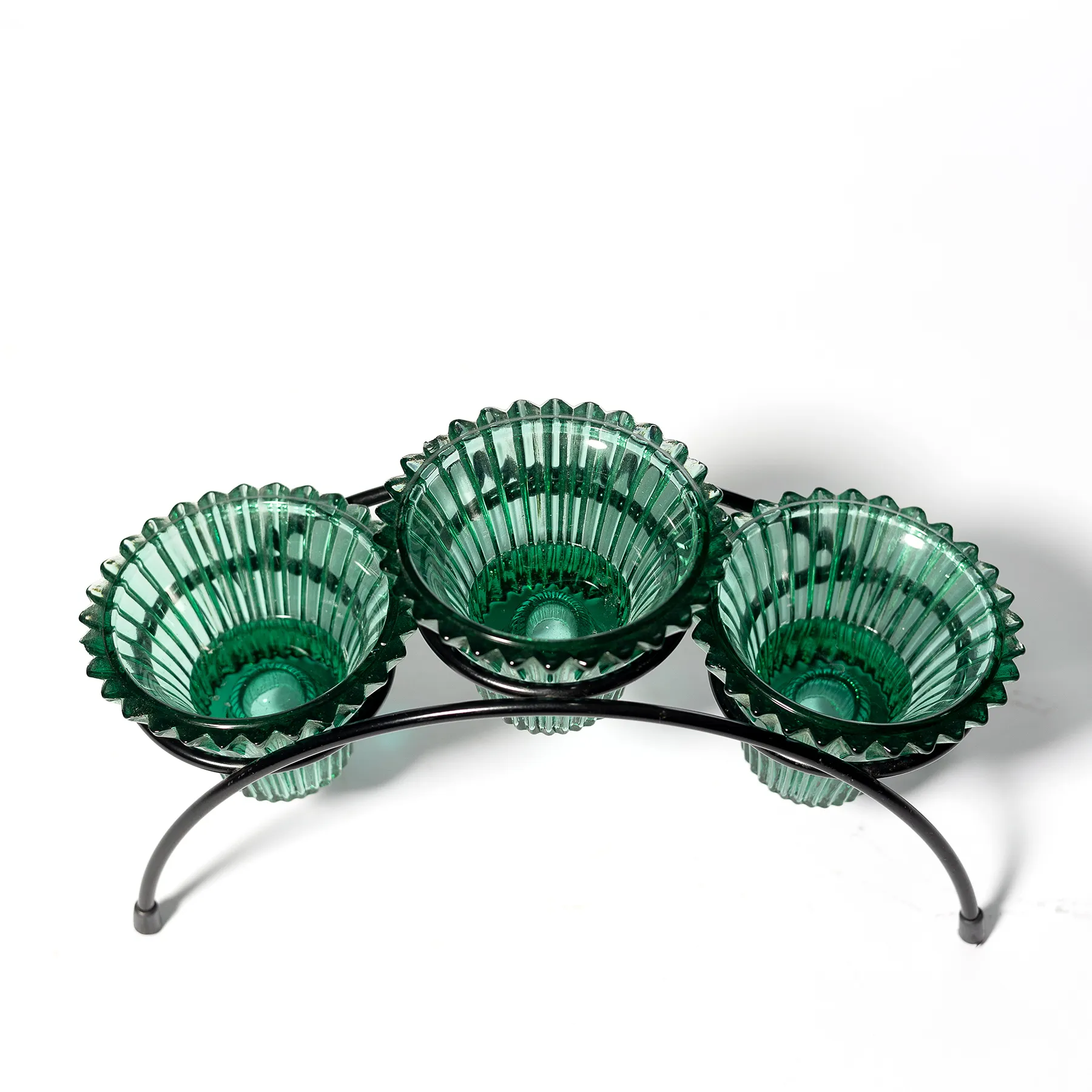 Holiday Green Tapered Glass Tealight and Candle Stick Holder set 3 and Wire Holder - 2" x 3" - 8.25" x 4.5