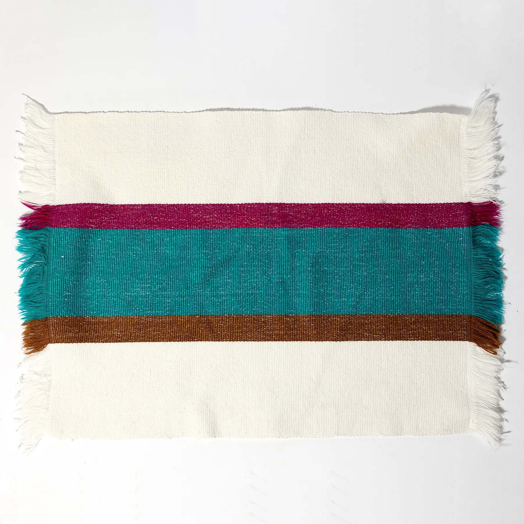 Set of 2 cotton woven placemats fucia and teal on cream stripe - 18" x 12.5"