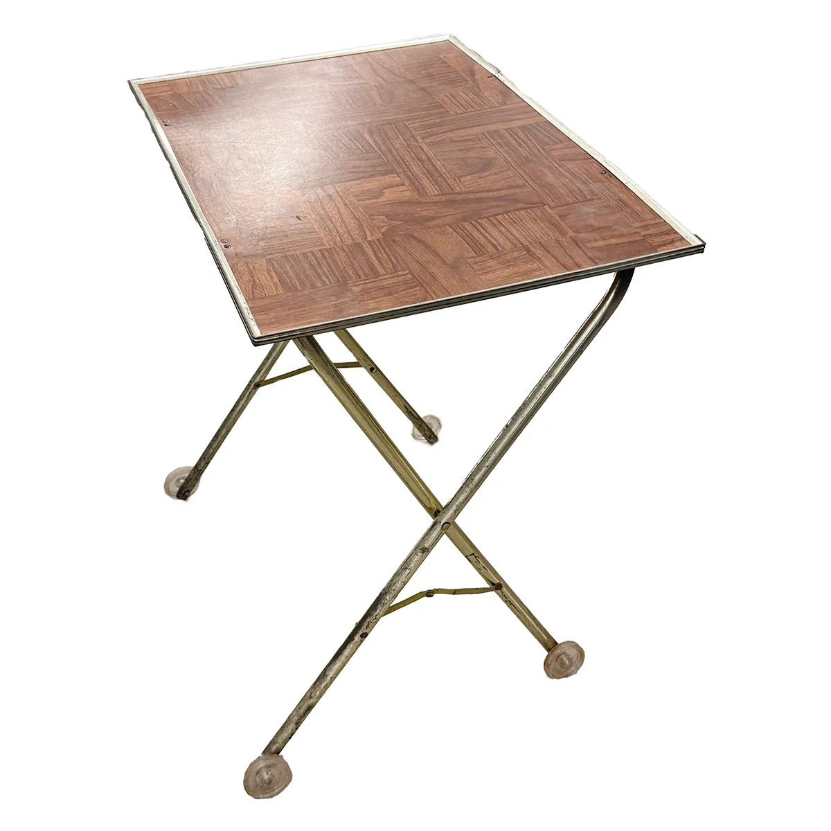 1970 rolling folding tv tray, faux parquet wood laminate on top
