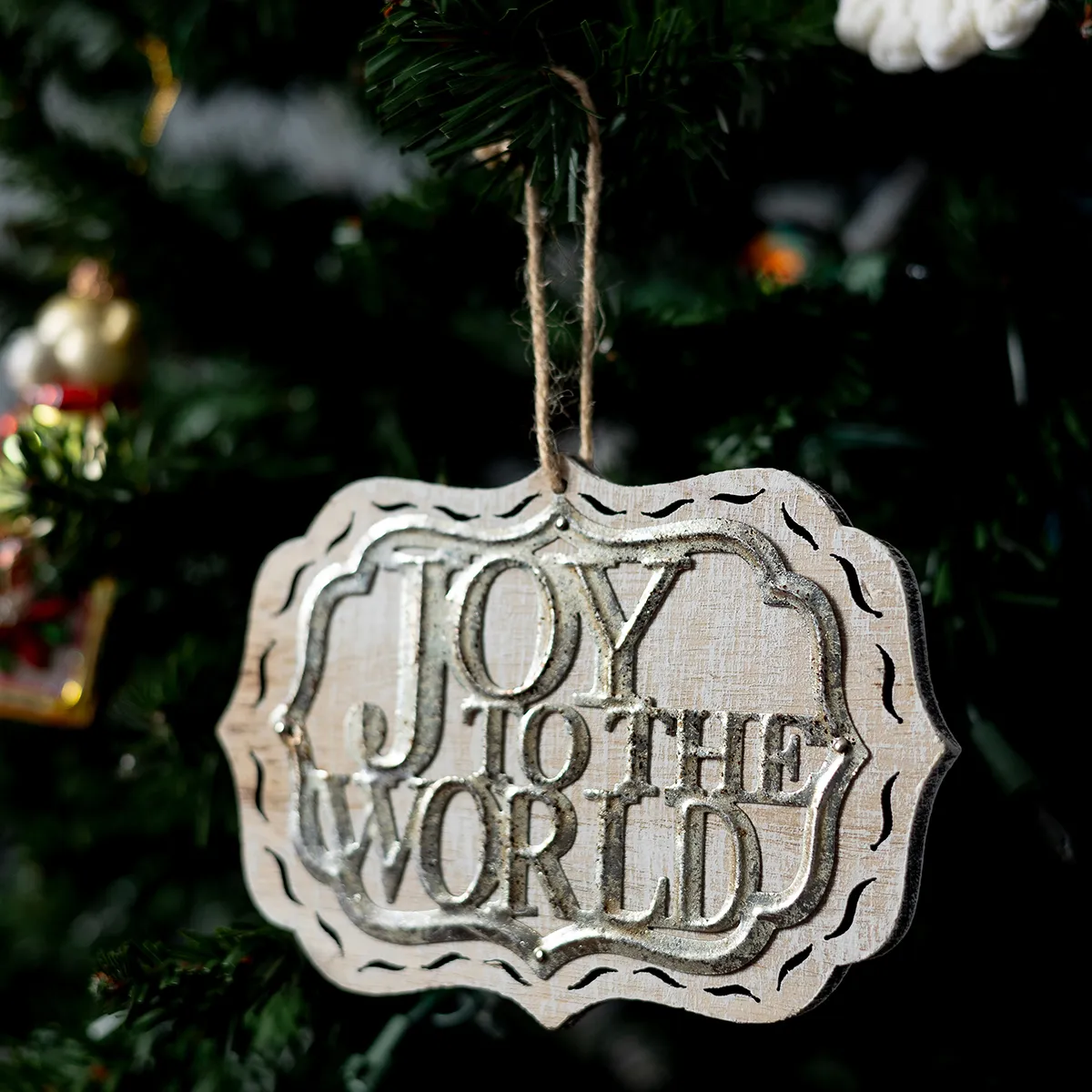 Wood White "Joy to the World" Christmas Tree Ornament. Distressed.