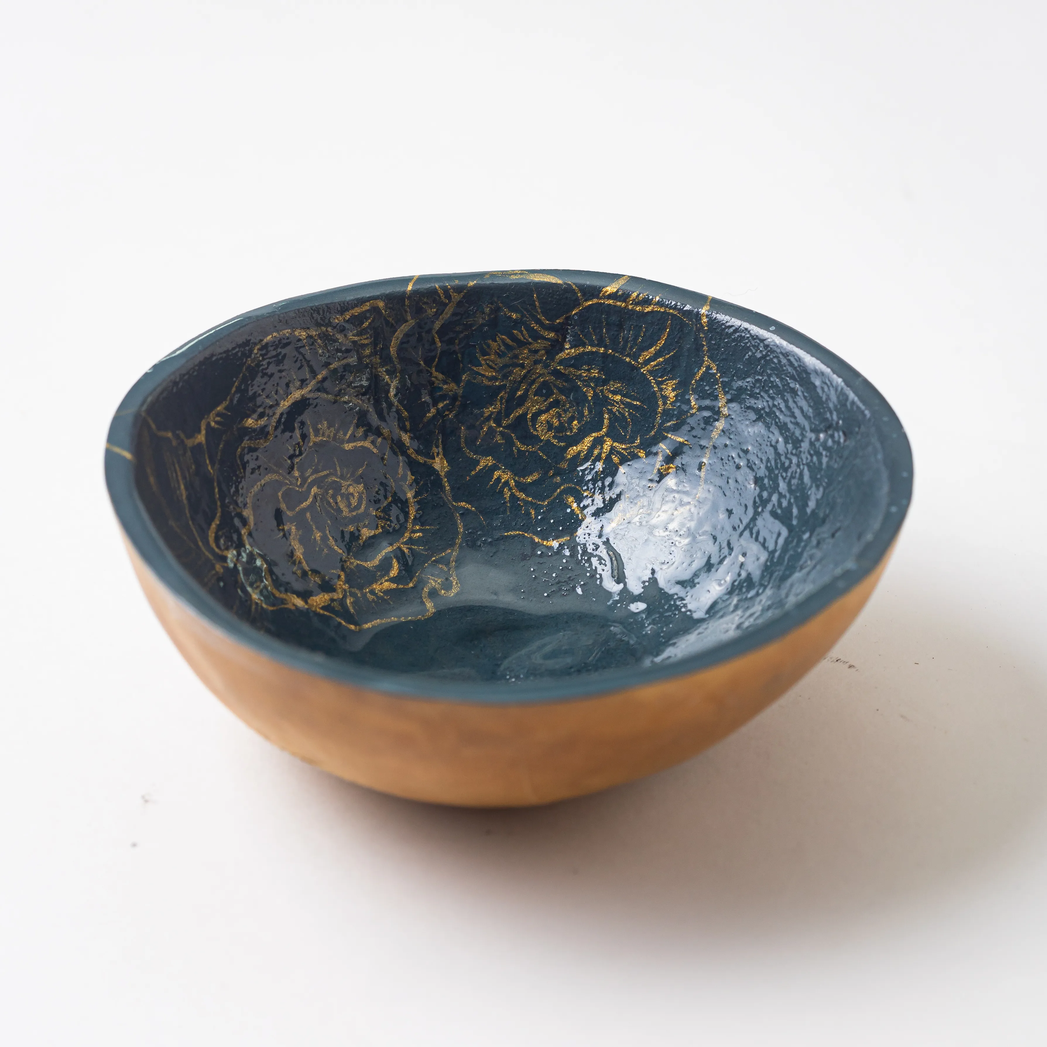 Blue Gord Bowl with Gold Flower Drawing - 5" x 2"